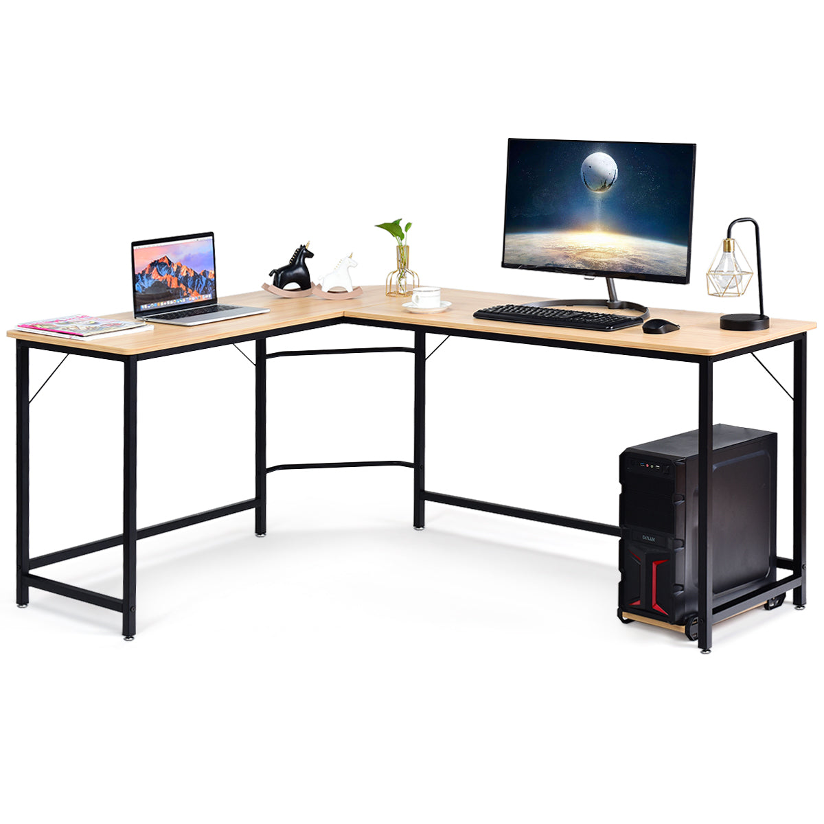 LIVSK L-vormig Hoekcomputerbureau - Ruimtebesparend - Stabiel Ijzeren Frame - Eenvoudig te Monteren - 168 x 125 x 74 cm - Naturel