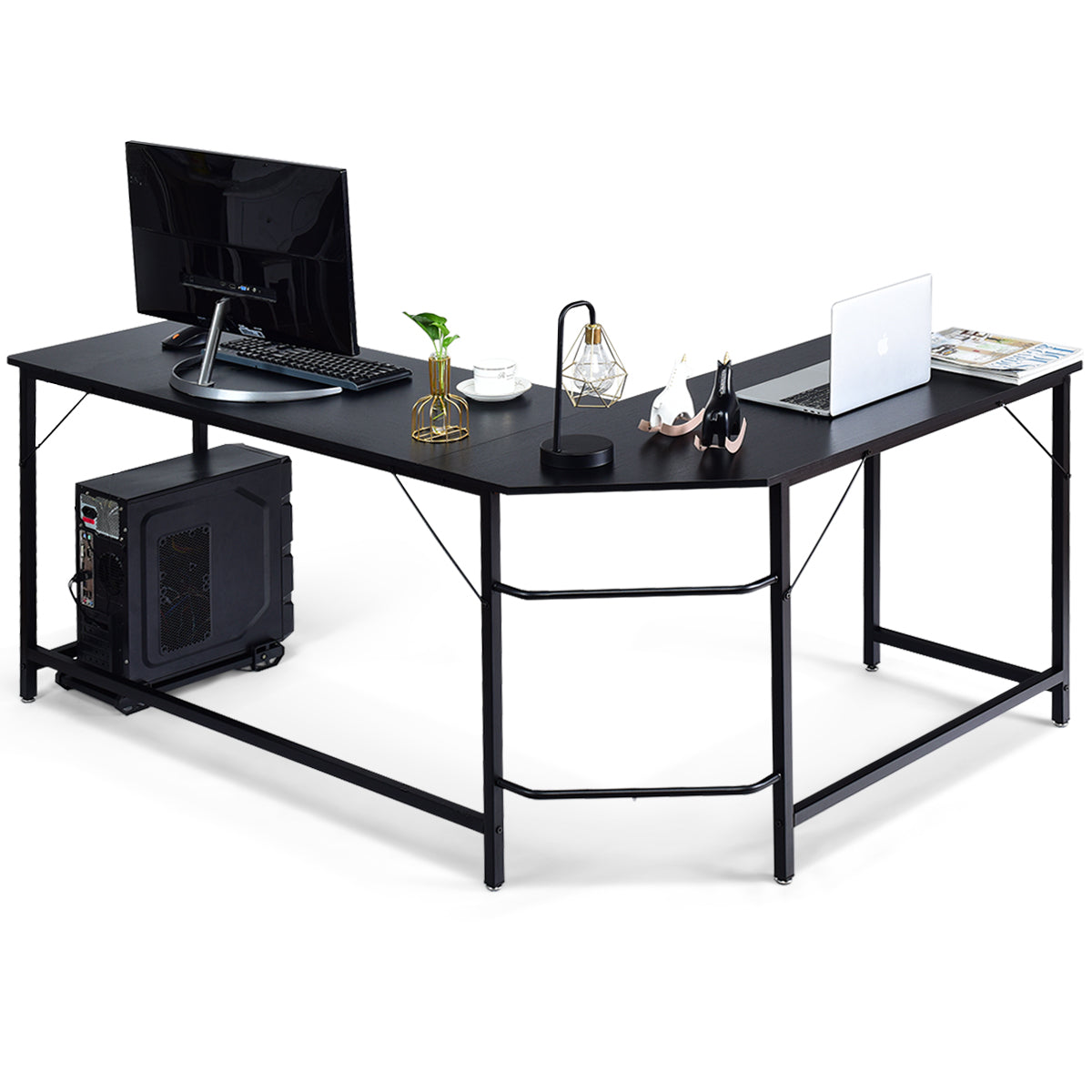 LIVSK L-vormig Hoekcomputerbureau - Ruimtebesparend met Stevig MDF en Ijzer - Eenvoudig te Monteren - 168 x 125 x 74 cm - Zwart