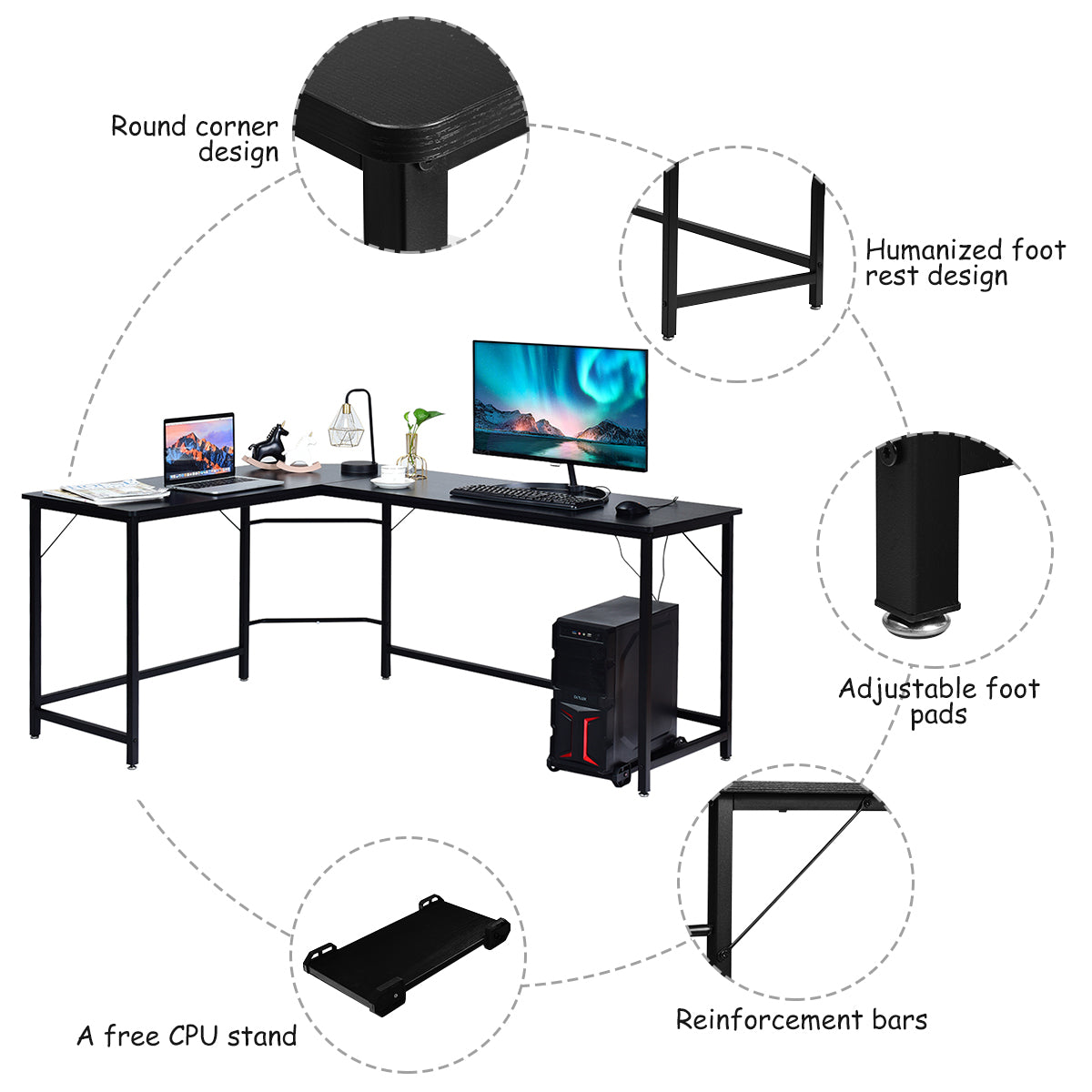 LIVSK L-vormig Hoekcomputerbureau - Ruimtebesparend met Stevig MDF en Ijzer - Eenvoudig te Monteren - 168 x 125 x 74 cm - Zwart