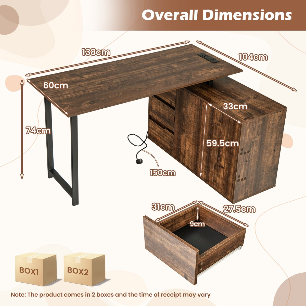 Livsk costway l vormig bureau 138 cm omkeerbaar hoekbureau met drie lades 2