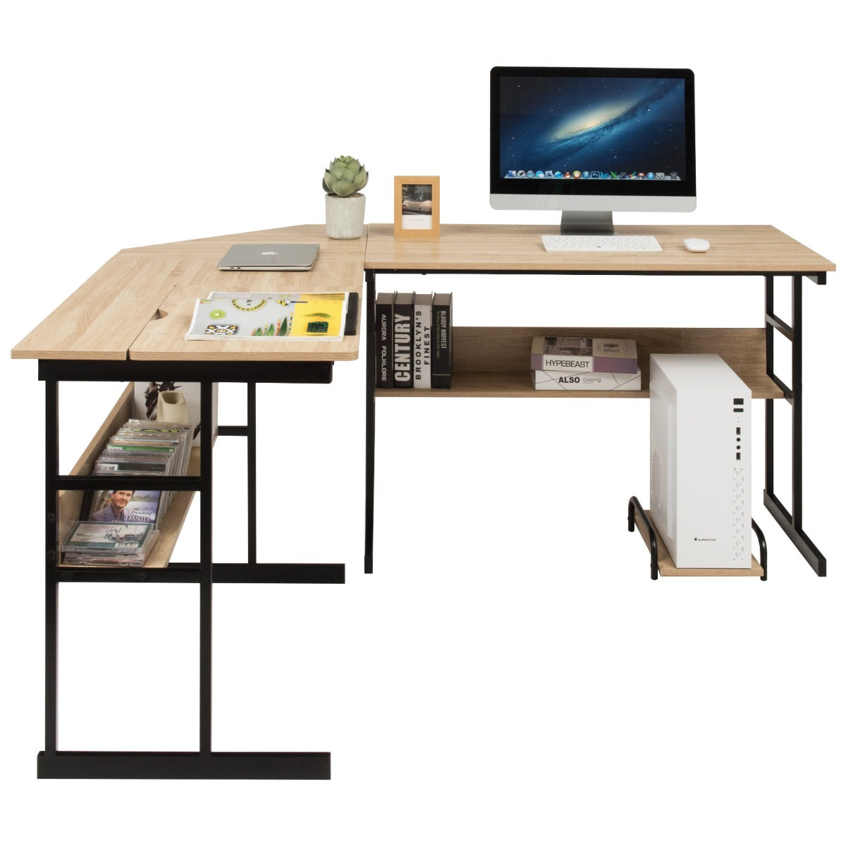 LIVSK L-vormige computertafel - Kantelbaar Tafelblad - Deelbaar Ontwerp - 2 Open Boekenplanken - Tot 205 kg - Natuur