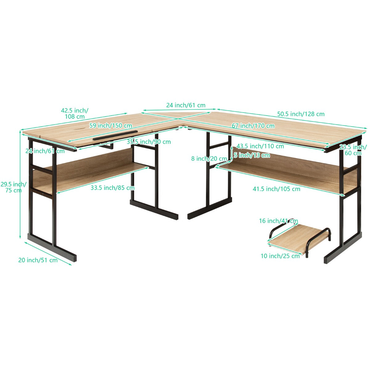 LIVSK L-vormige computertafel - Kantelbaar Tafelblad - Deelbaar Ontwerp - 2 Open Boekenplanken - Tot 205 kg - Natuur