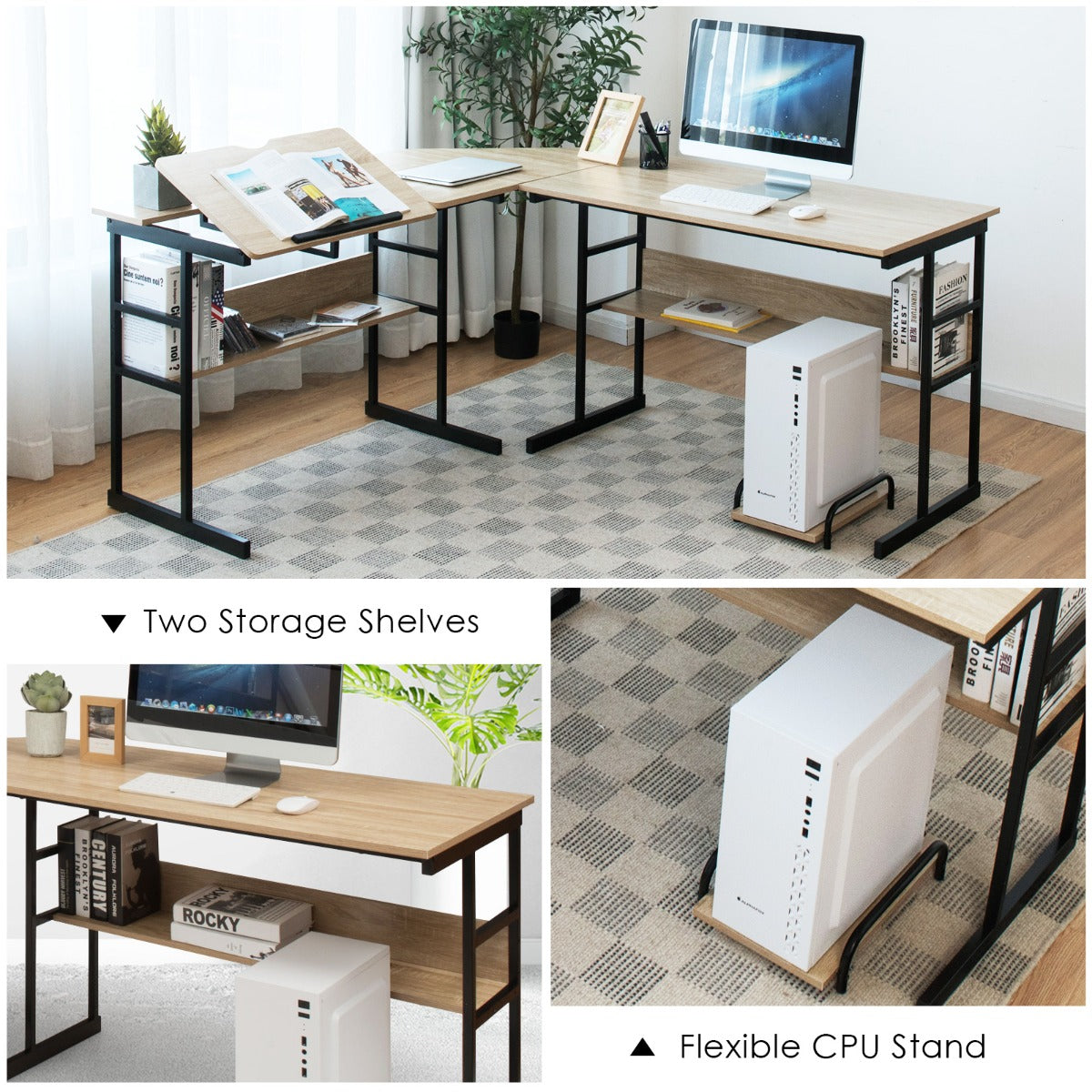 LIVSK L-vormige computertafel - Kantelbaar Tafelblad - Deelbaar Ontwerp - 2 Open Boekenplanken - Tot 205 kg - Natuur