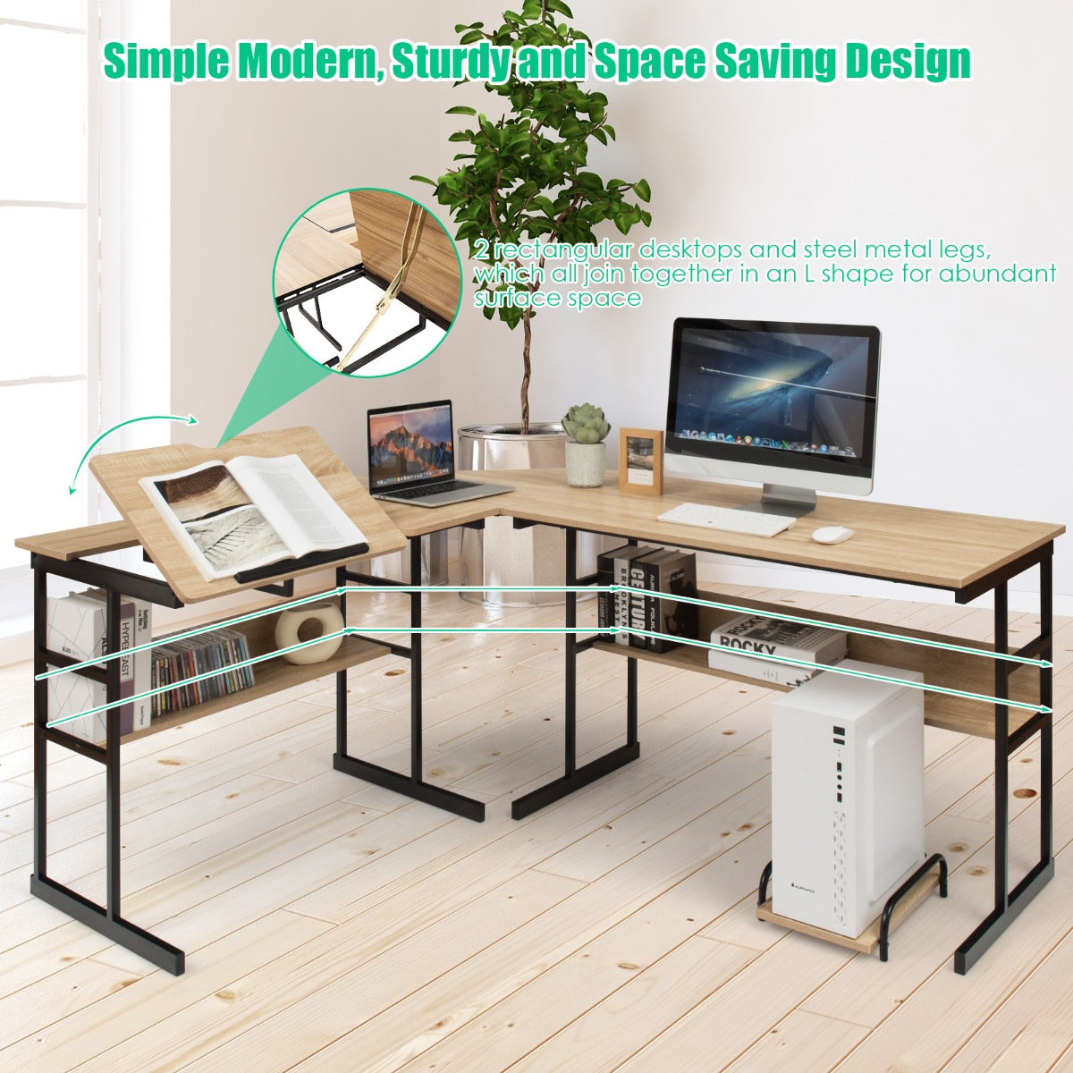 LIVSK L-vormige computertafel - Kantelbaar Tafelblad - Deelbaar Ontwerp - 2 Open Boekenplanken - Tot 205 kg - Natuur