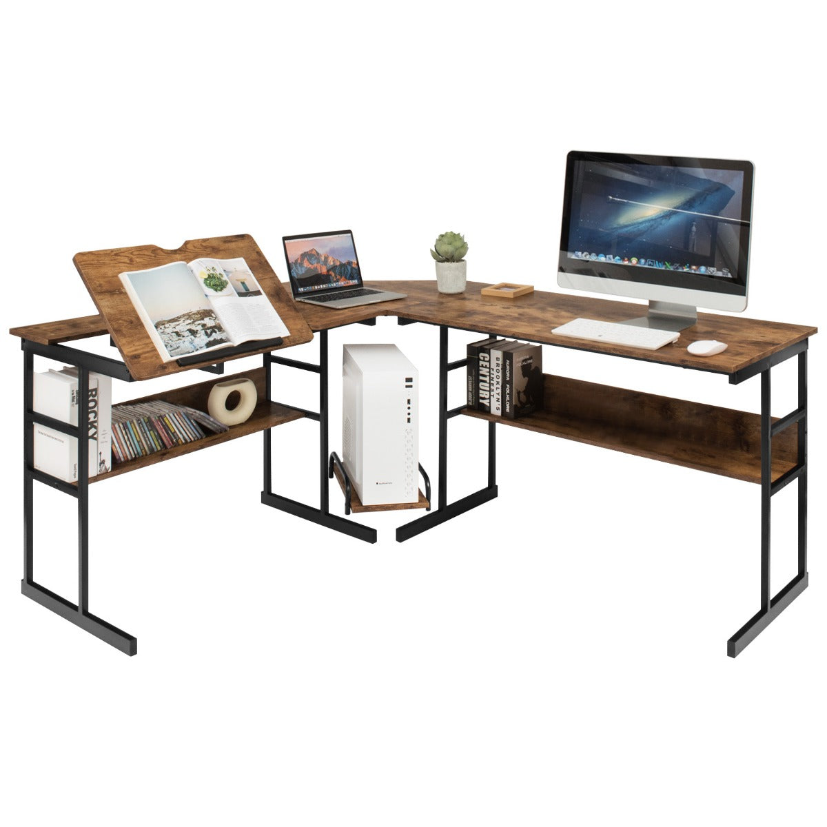 LIVSK L-vormig bureau met kantelbaar tafelblad - Deelbaar ontwerp - Open opbergruimte - Stabiel hout en metaal - 170 x 150 x 75