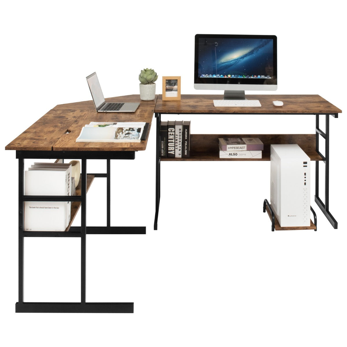 LIVSK L-vormig bureau met kantelbaar tafelblad - Deelbaar ontwerp - Open opbergruimte - Stabiel hout en metaal - 170 x 150 x 75