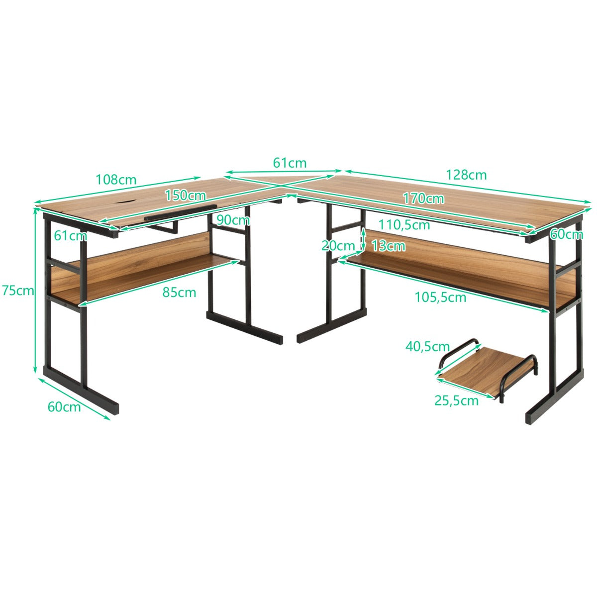 LIVSK L-vormig Bureau - Deelbaar en Kantelbaar - Boekenplanken en CPU-standaard - Duurzaam - 170 x 150 x 75 cm - Natuur