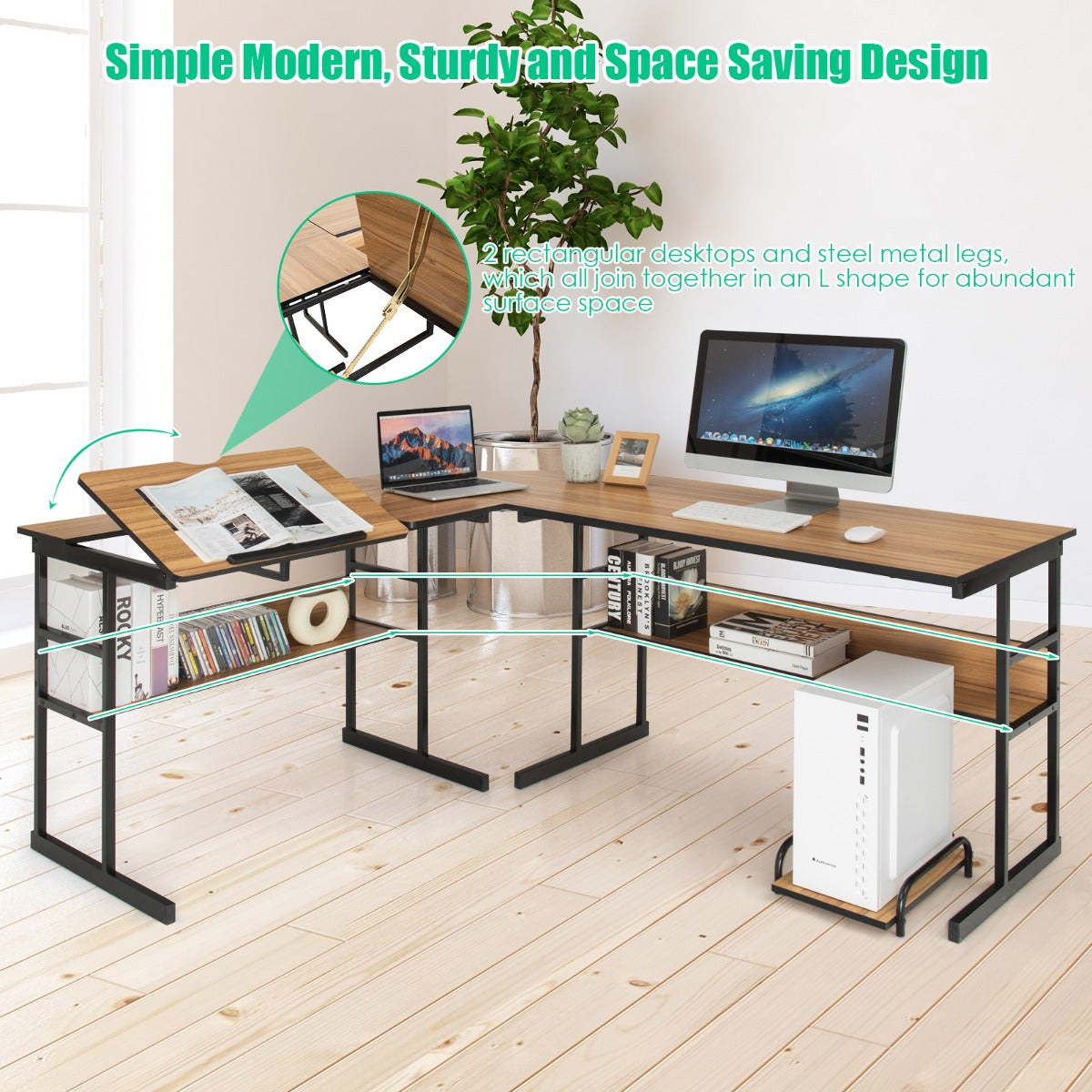 LIVSK L-vormig Bureau - Deelbaar en Kantelbaar - Boekenplanken en CPU-standaard - Duurzaam - 170 x 150 x 75 cm - Natuur