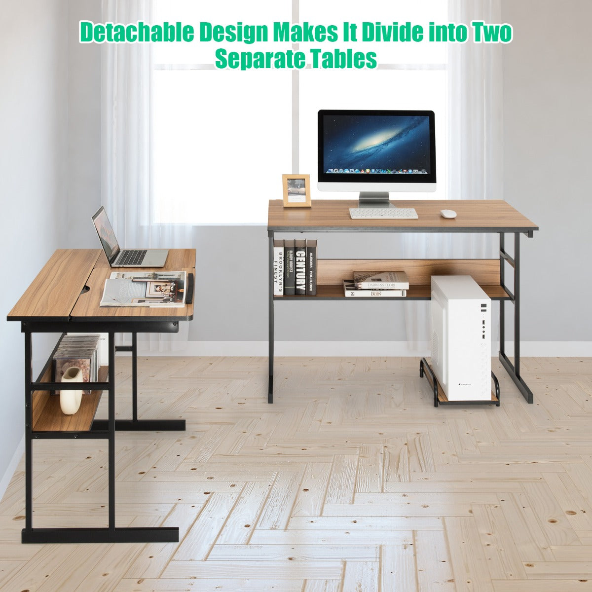 LIVSK L-vormig Bureau - Deelbaar en Kantelbaar - Boekenplanken en CPU-standaard - Duurzaam - 170 x 150 x 75 cm - Natuur