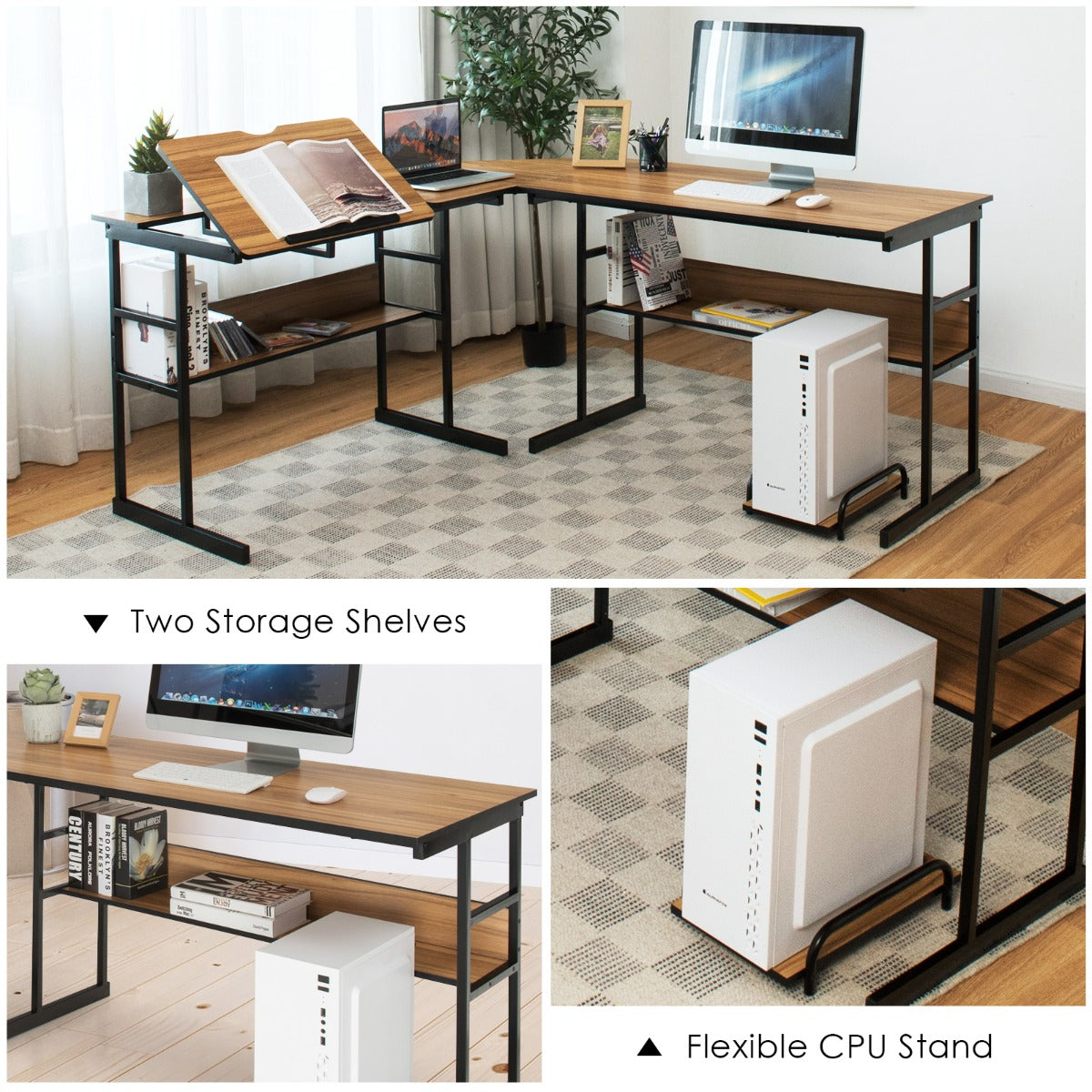 LIVSK L-vormig Bureau - Deelbaar en Kantelbaar - Boekenplanken en CPU-standaard - Duurzaam - 170 x 150 x 75 cm - Natuur