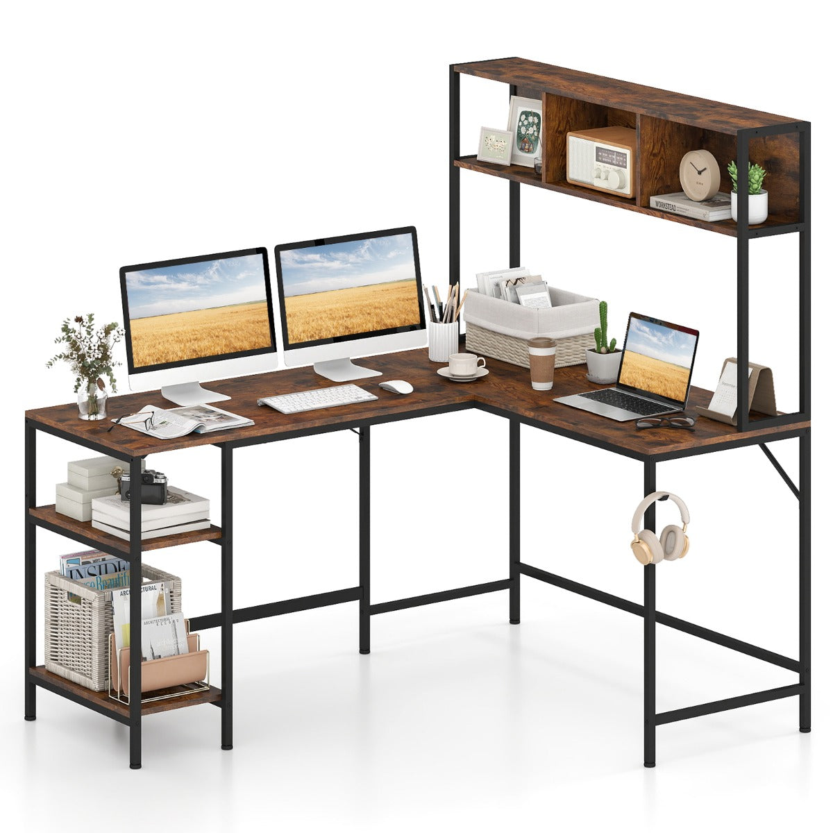 Livsk costway l vormig bureau met extra onderdelen hoekcomputerbureau met opbergplank en hoofdtelefoonhaak bruin