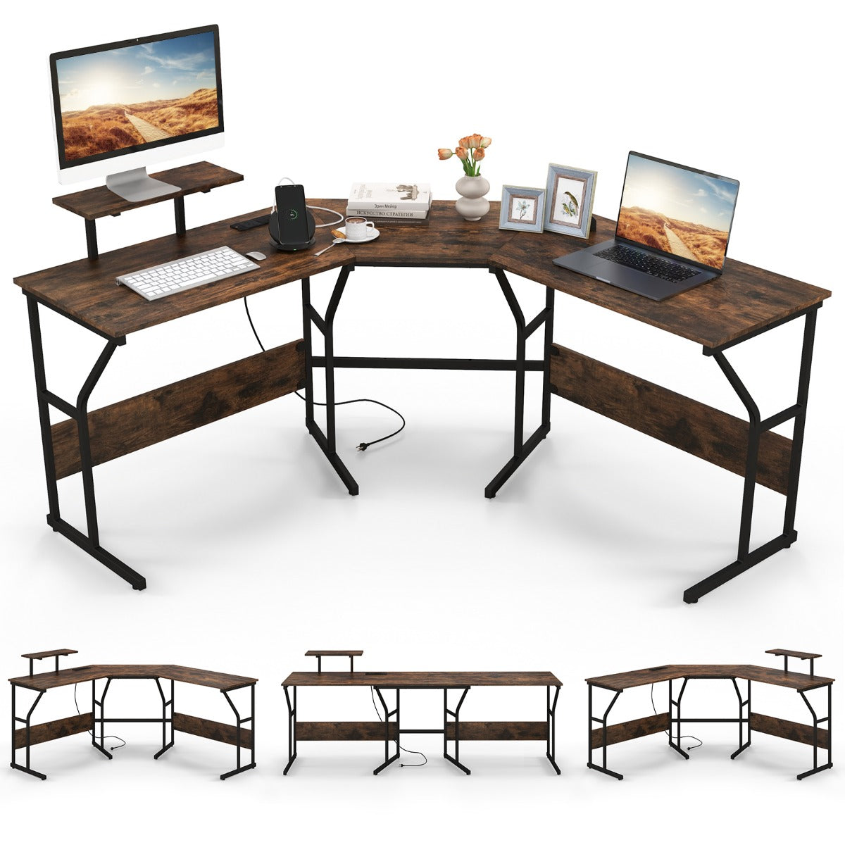 LIVSK Hoekbureau met Verwijderbare Schermsteun - Ingebouwde Stekkerdoos met USB - Robuust Metalen Frame - 225 x 48 x 91 cm -