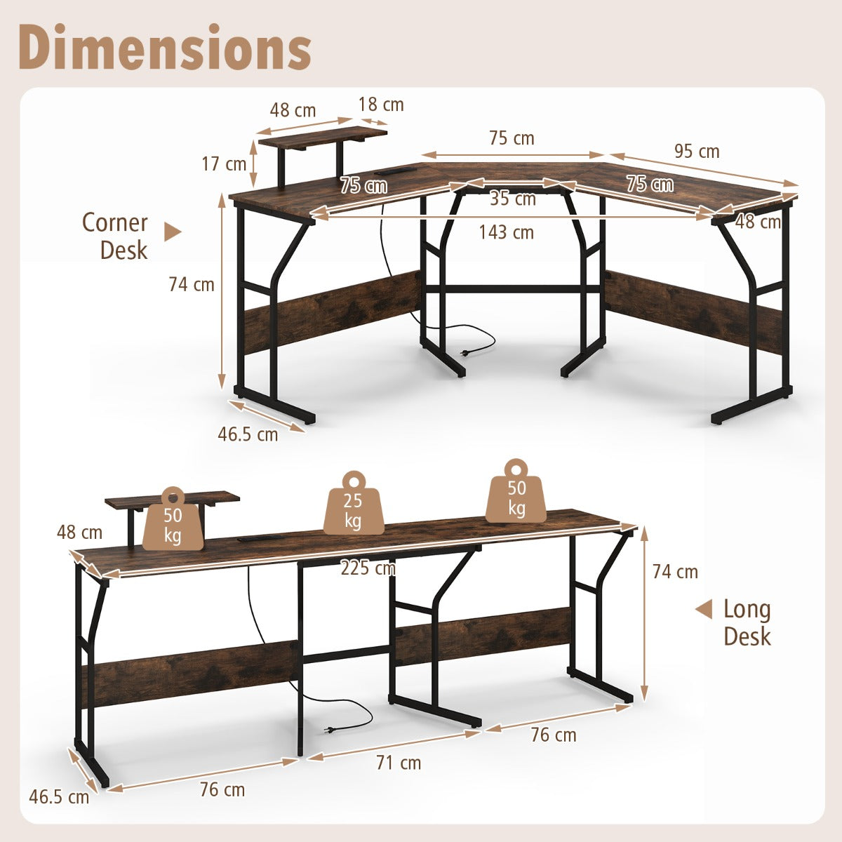 LIVSK Hoekbureau met Verwijderbare Schermsteun - Ingebouwde Stekkerdoos met USB - Robuust Metalen Frame - 225 x 48 x 91 cm -