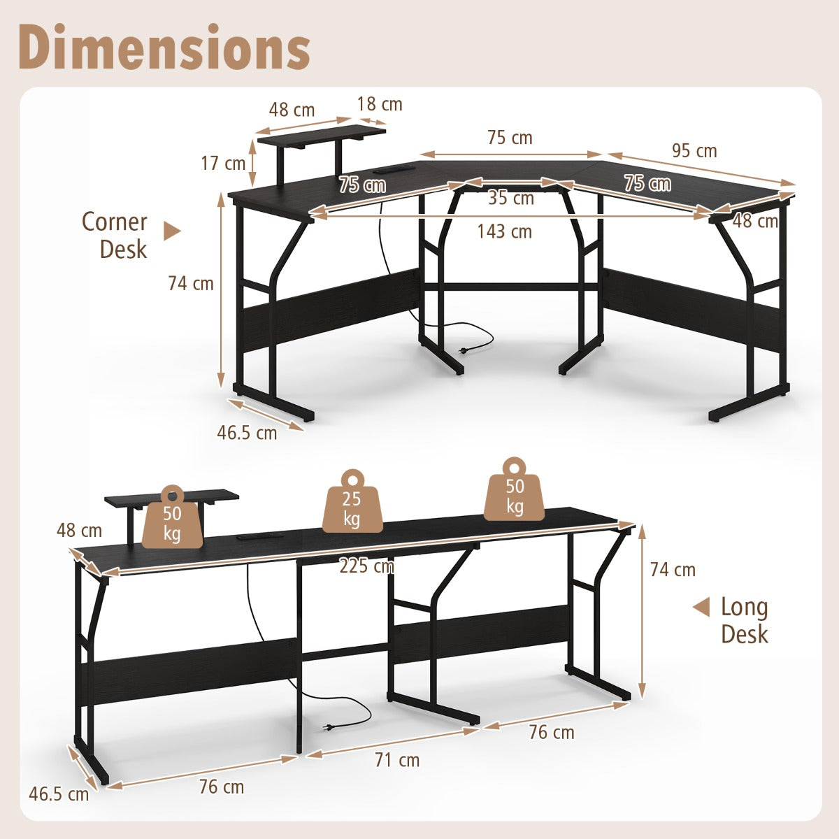 LIVSK Hoekbureau - Verwijderbare Schermsteun - Ingebouwde Stopcontacten - Flexibel voor 2 Personen - 225 x 48 x 91 cm - Rustiek