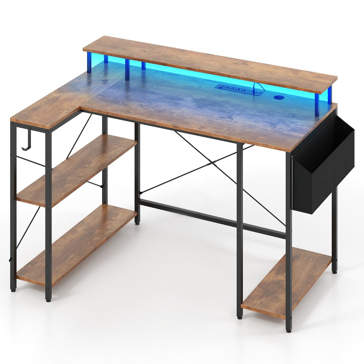 LIVSK L-vormig computertafel met LED-verlichting - Geïntegreerde stopcontacten - Ruim werkoppervlak - 120 x 80 x 87 cm - Rustiek