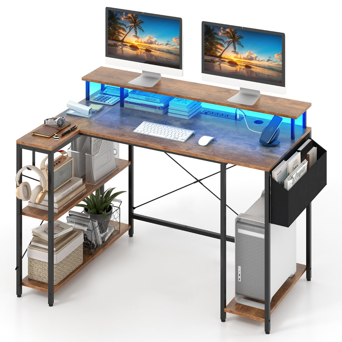 LIVSK L-vormig computertafel met LED-verlichting - Geïntegreerde stopcontacten - Ruim werkoppervlak - 120 x 80 x 87 cm - Rustiek