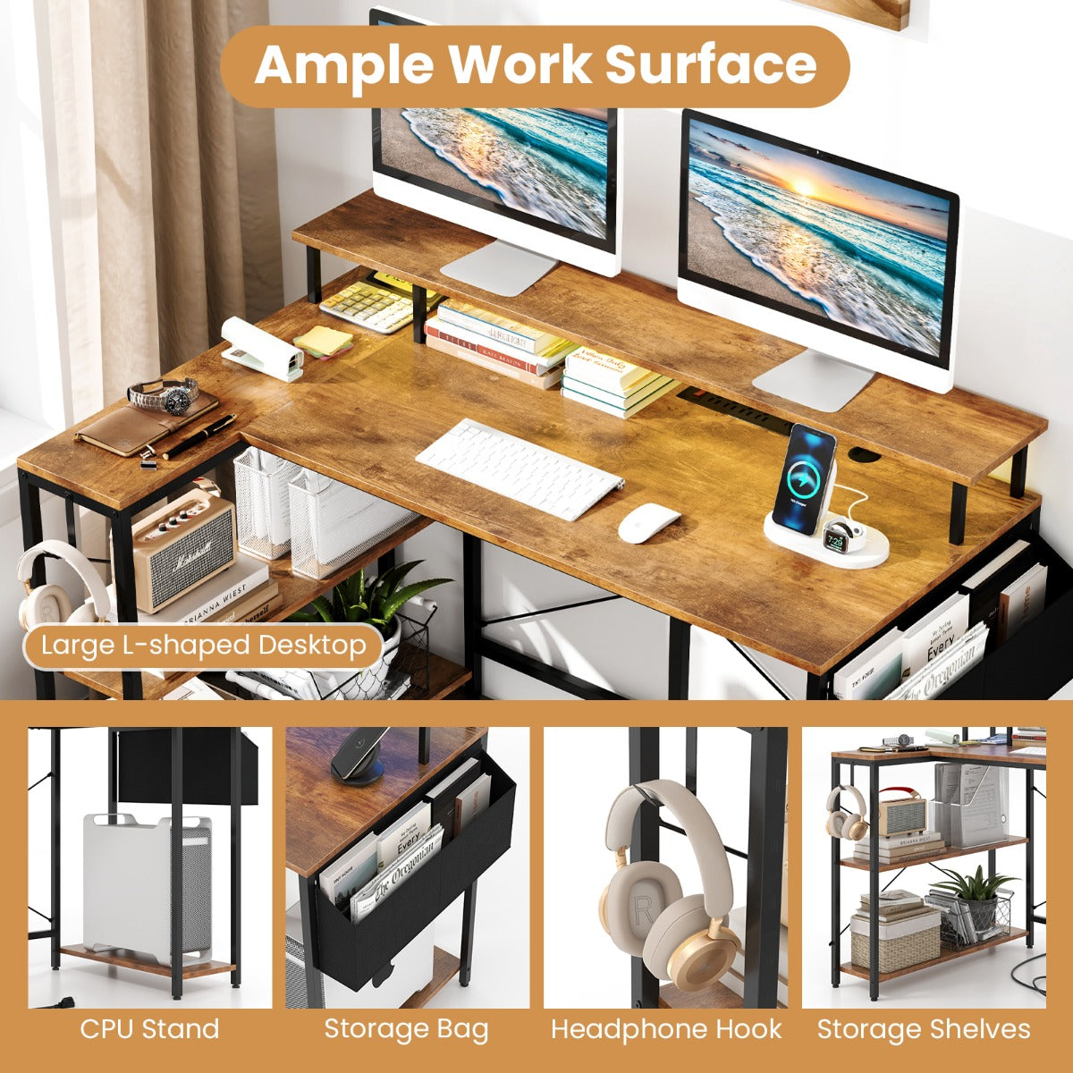 LIVSK L-vormig computertafel met LED-verlichting - Geïntegreerde stopcontacten - Ruim werkoppervlak - 120 x 80 x 87 cm - Rustiek