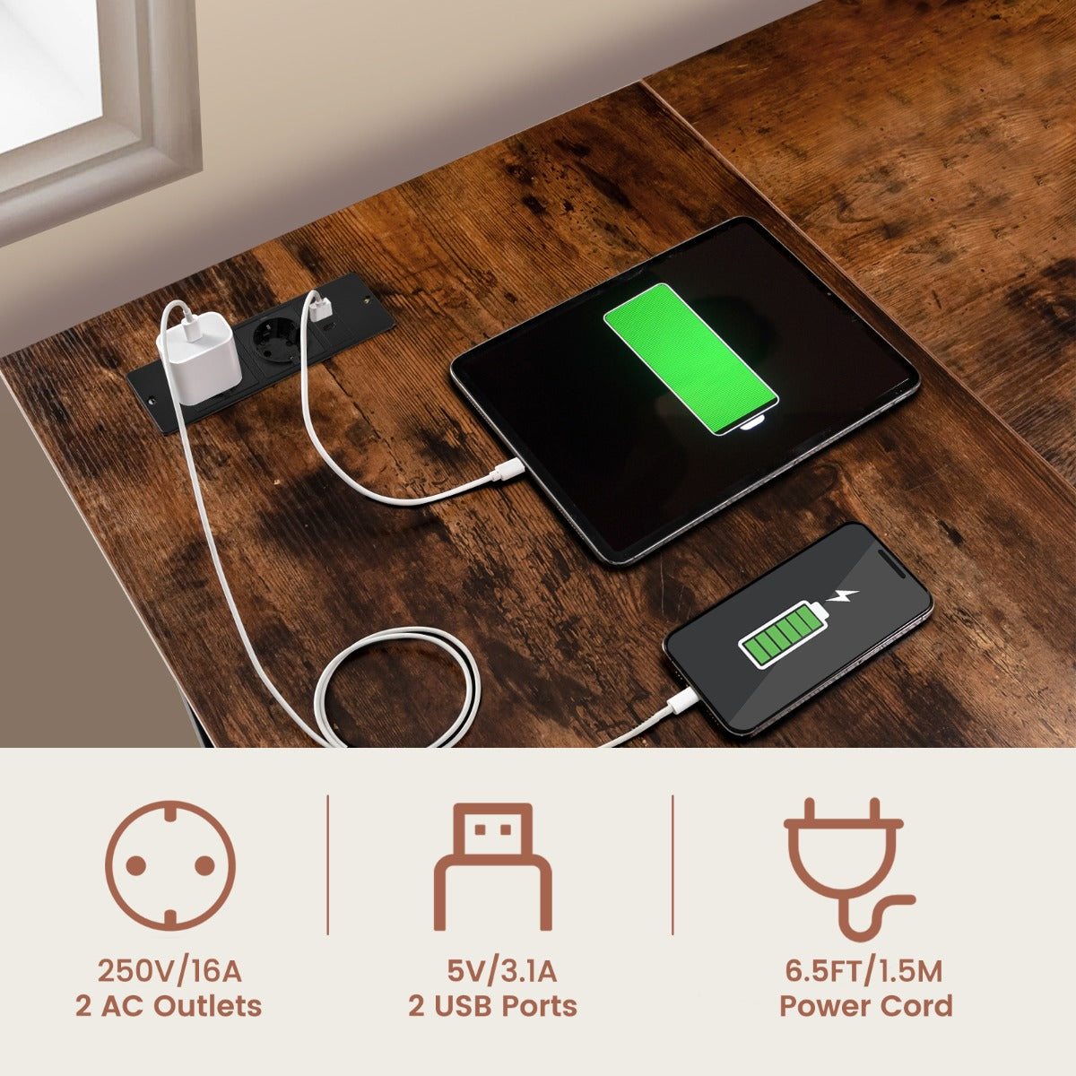 LIVSK L-vormig computerbureau met stopcontacten en USB-poorten - Ruim tafelblad - Opbergplank - Stevig metalen frame - Rustiek