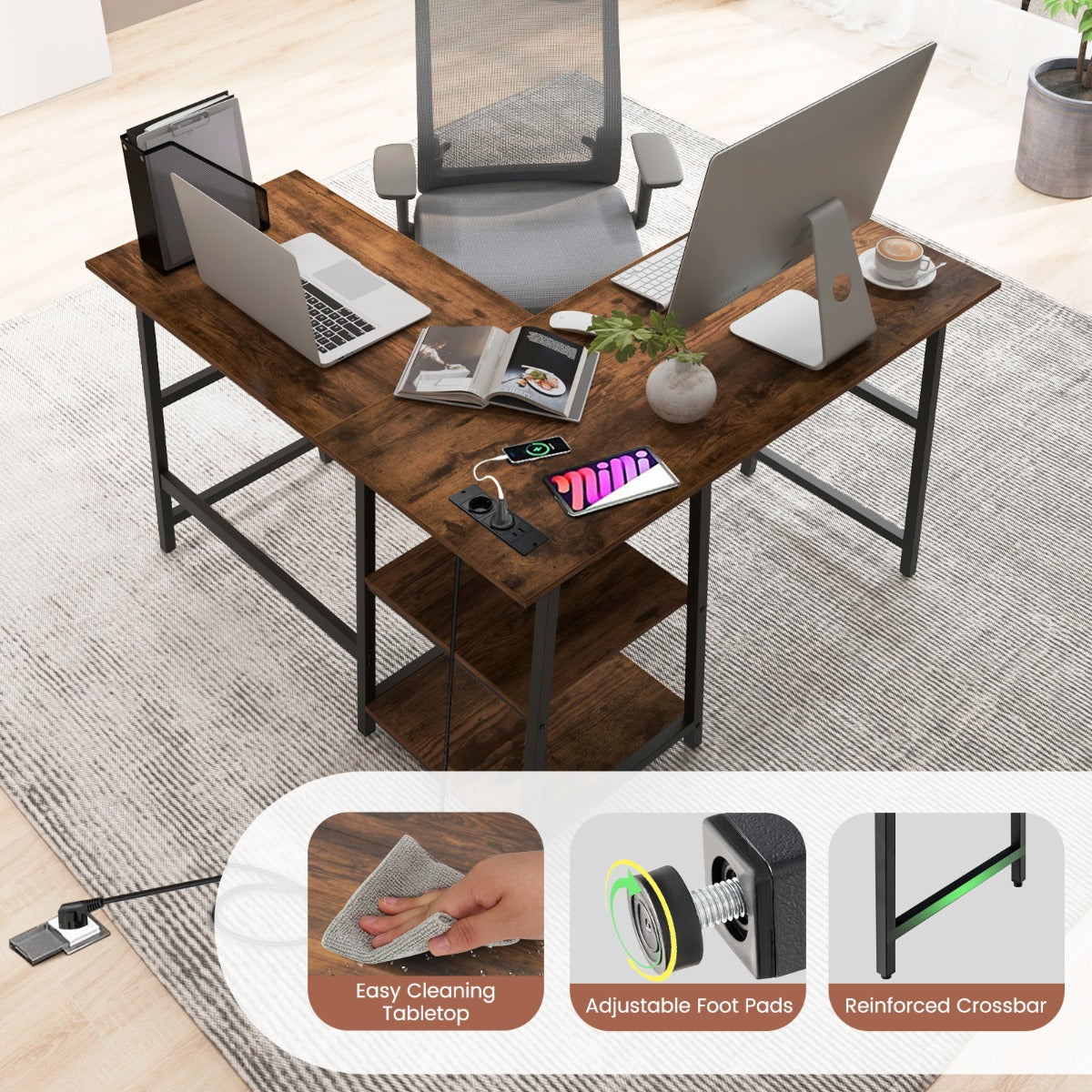 LIVSK L-vormig computerbureau met stopcontacten en USB-poorten - Ruim tafelblad - Opbergplank - Stevig metalen frame - Rustiek