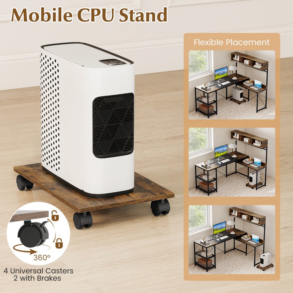 Livsk costway l vormig computerbureau met stopcontacten mobiele cpu houder hoekbureau bruin 6