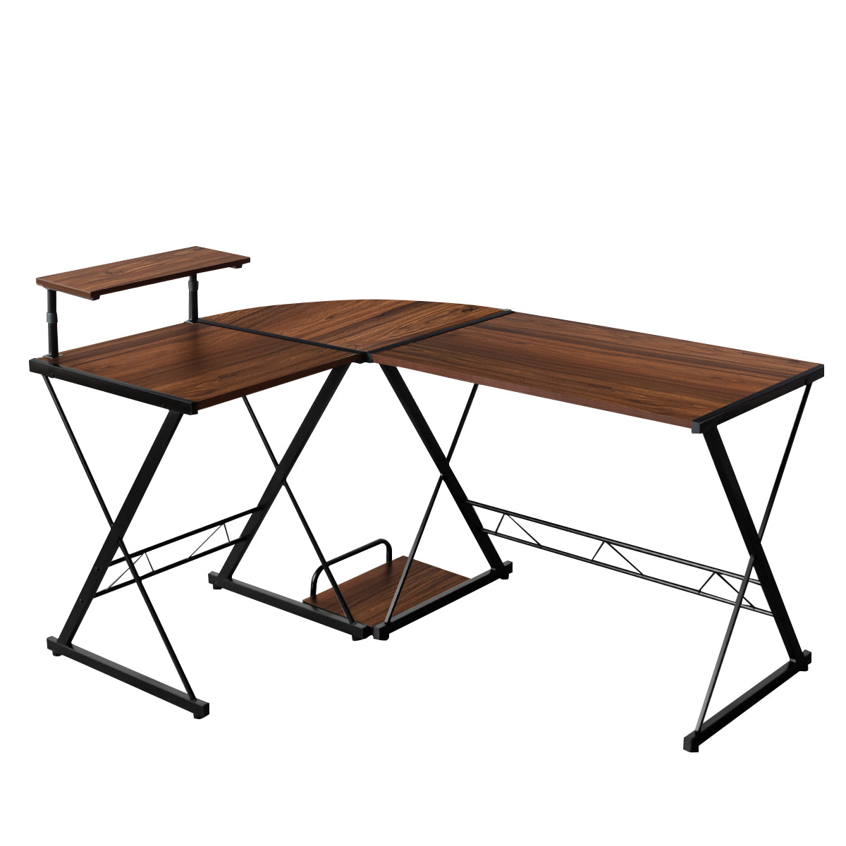 LIVSK L-vormig Hoekbureau - Ruimtebesparend en Stevige Constructie - Beweegbare Monitorplank - 147 x 112 x 79 cm - Walnoot