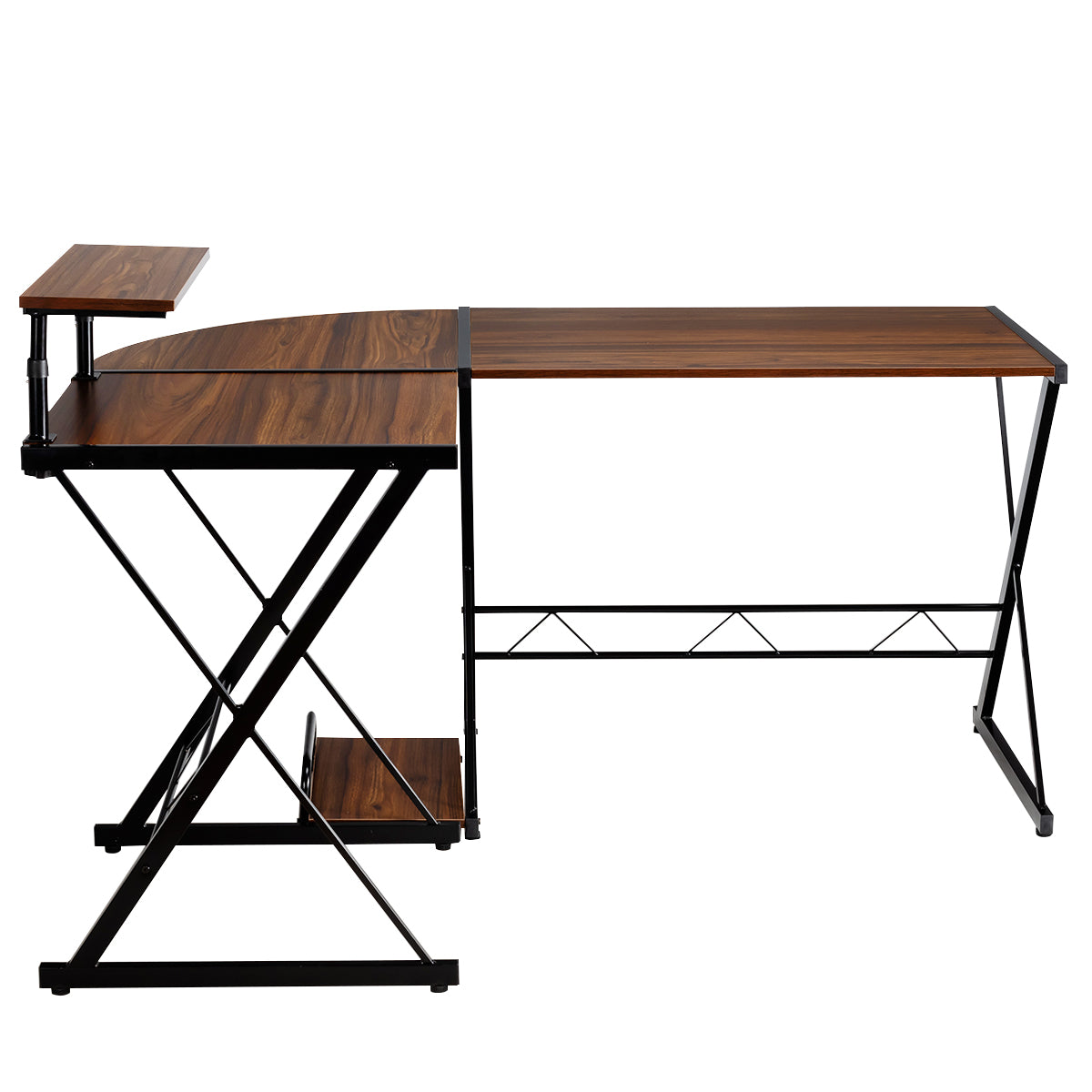 LIVSK L-vormig Hoekbureau - Ruimtebesparend en Stevige Constructie - Beweegbare Monitorplank - 147 x 112 x 79 cm - Walnoot