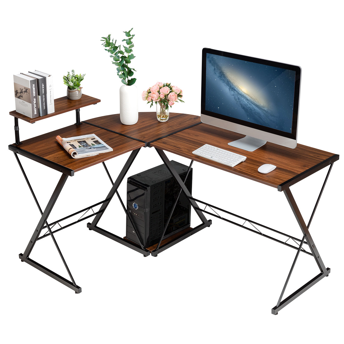 LIVSK L-vormig Hoekbureau - Ruimtebesparend en Stevige Constructie - Beweegbare Monitorplank - 147 x 112 x 79 cm - Walnoot