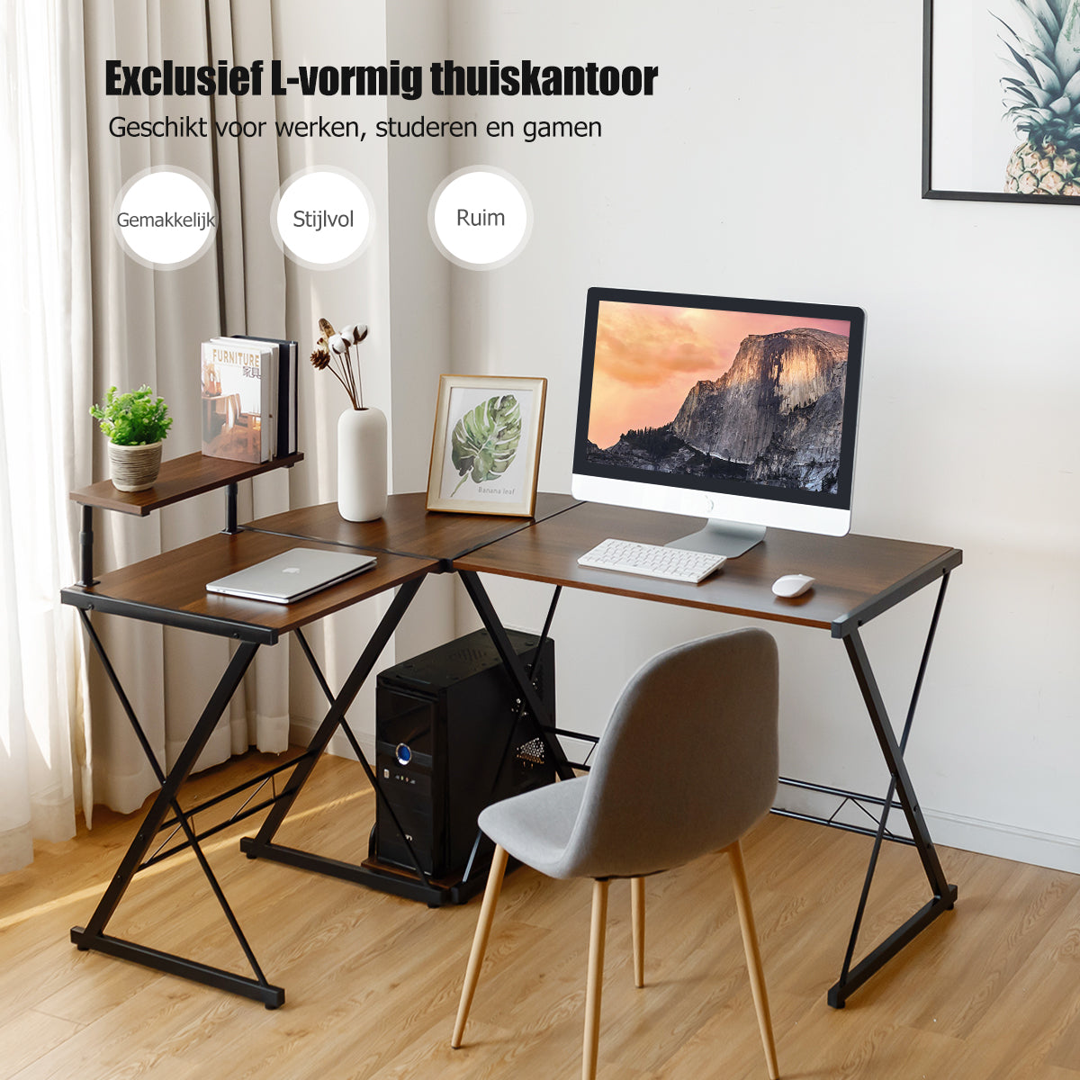 LIVSK L-vormig Hoekbureau - Ruimtebesparend en Stevige Constructie - Beweegbare Monitorplank - 147 x 112 x 79 cm - Walnoot
