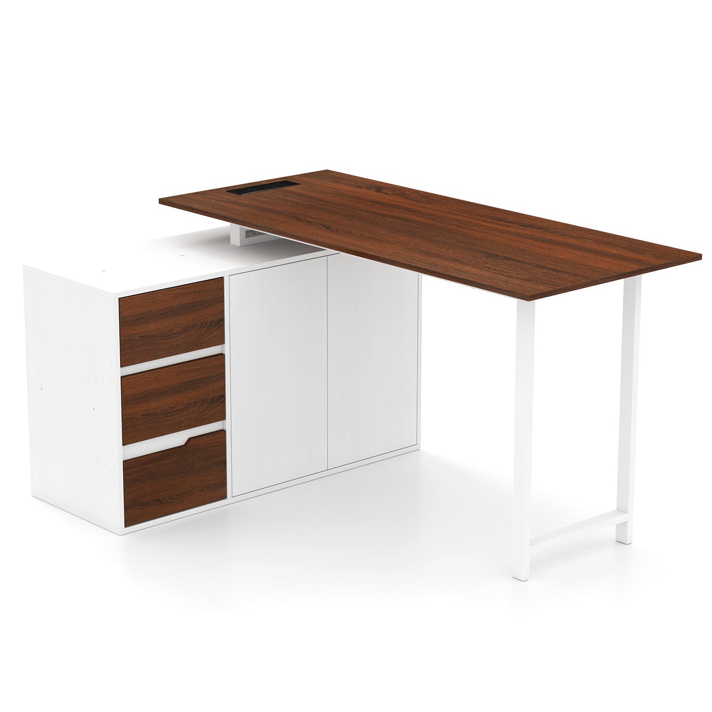 LIVSK Hoekbureau met Archiefkast - Omkeerbaar L-vormig - Ingebouwd Oplaadstation - Ruime Werkplek - Bruin & Wit