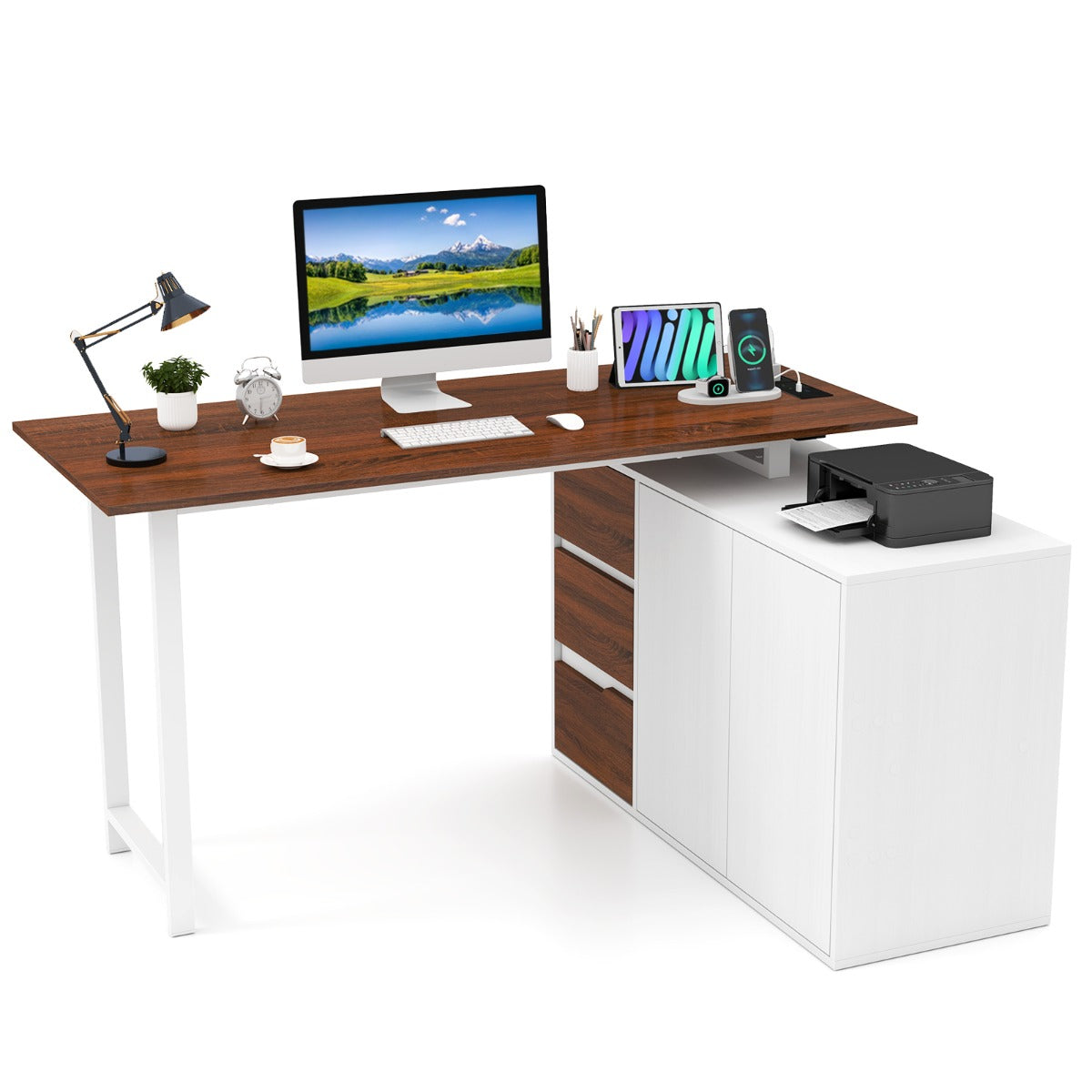 LIVSK Hoekbureau met Archiefkast - Omkeerbaar L-vormig - Ingebouwd Oplaadstation - Ruime Werkplek - Bruin & Wit