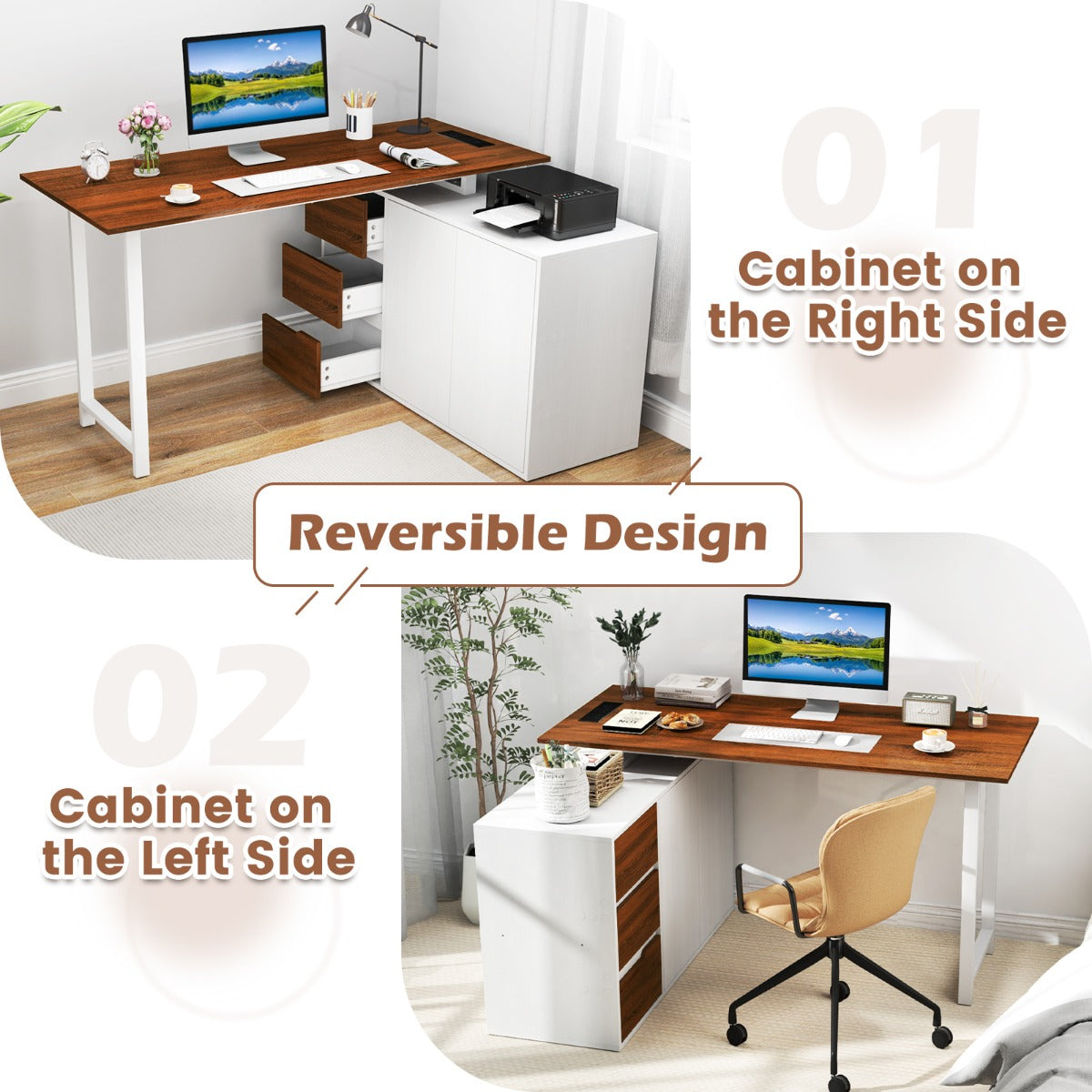LIVSK Hoekbureau met Archiefkast - Omkeerbaar L-vormig - Ingebouwd Oplaadstation - Ruime Werkplek - Bruin & Wit