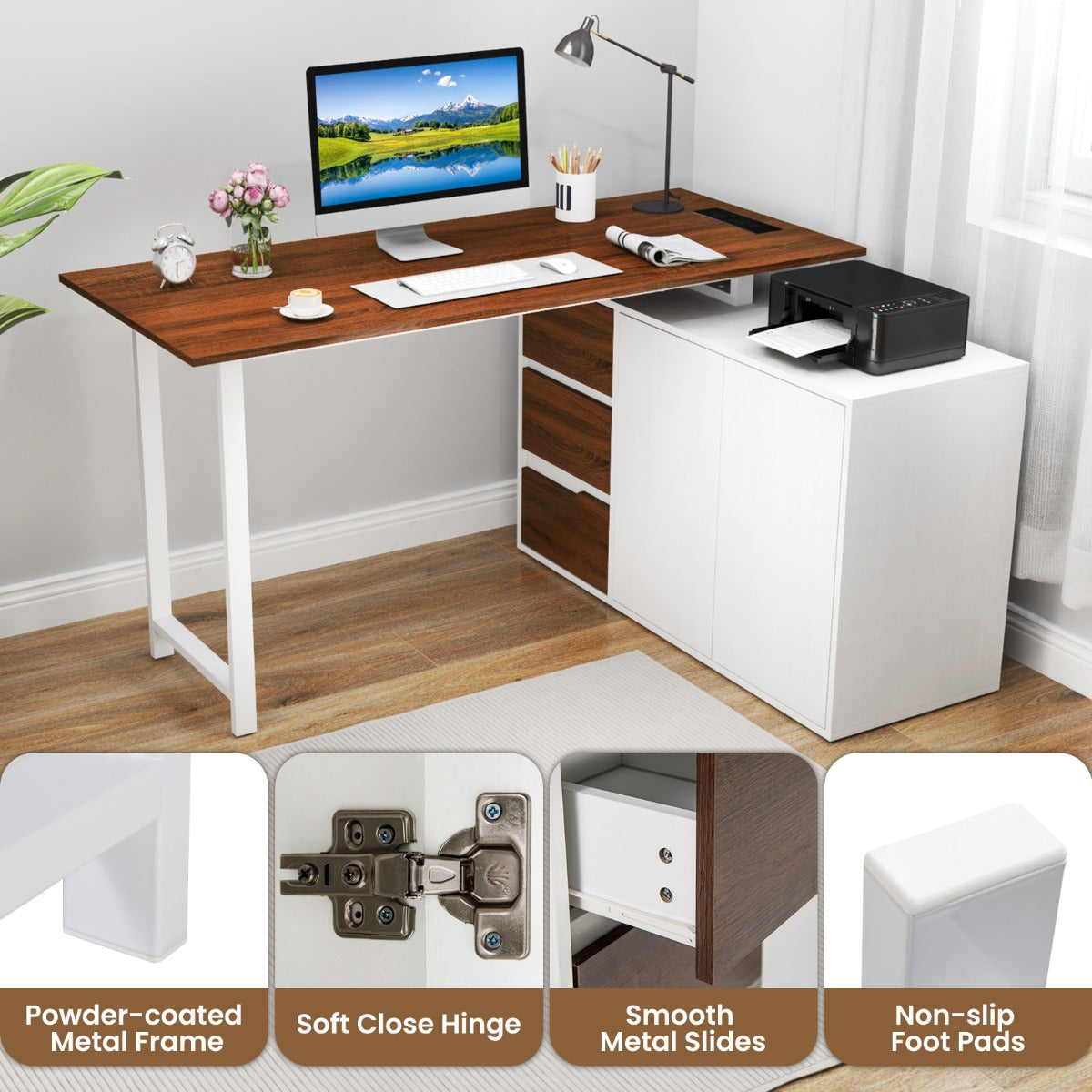 LIVSK Hoekbureau met Archiefkast - Omkeerbaar L-vormig - Ingebouwd Oplaadstation - Ruime Werkplek - Bruin & Wit