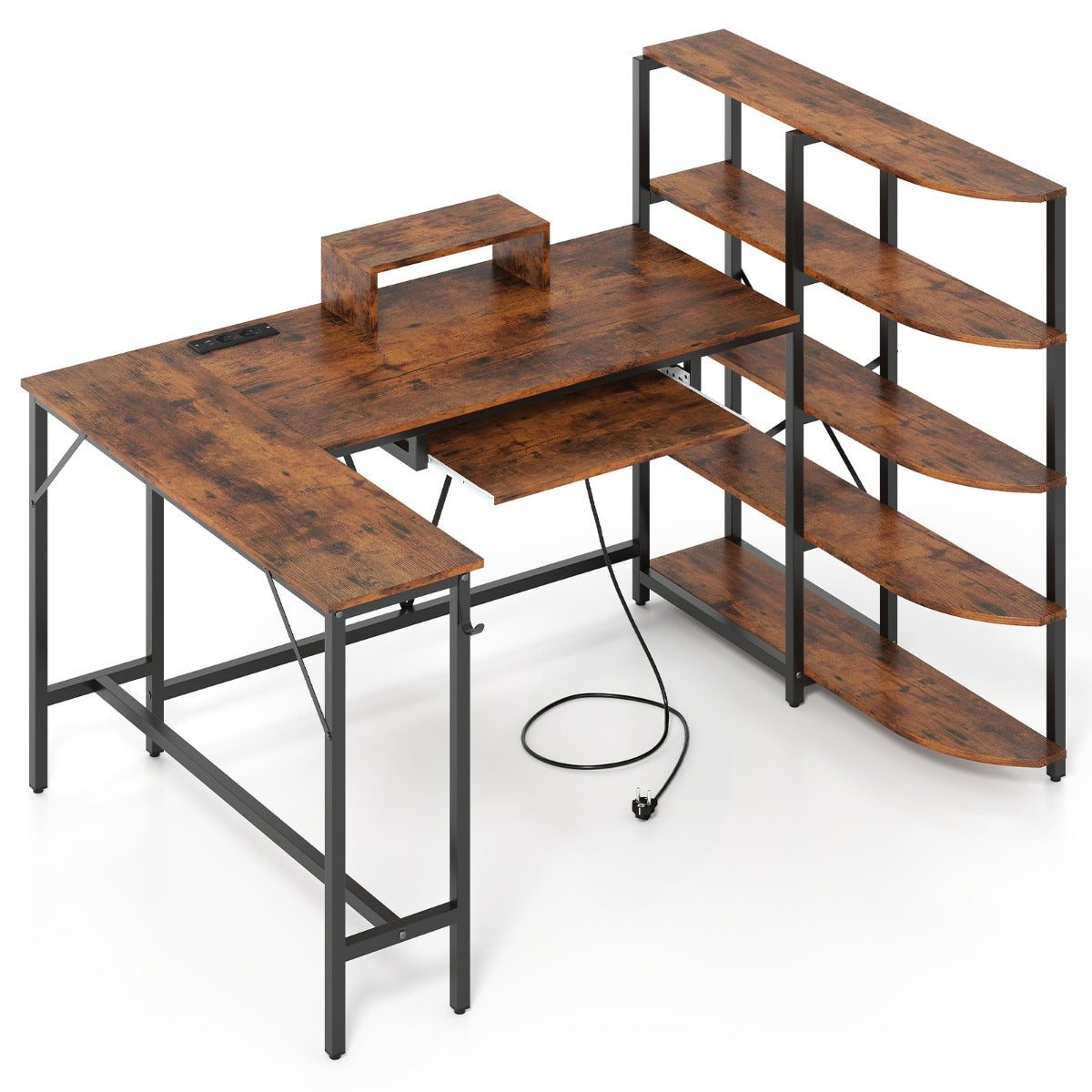 LIVSK L-vormig computertafel - Oplaadstation met USB en type-C - Ergonomisch ontwerp - Stabiele metalen constructie - Rustiek