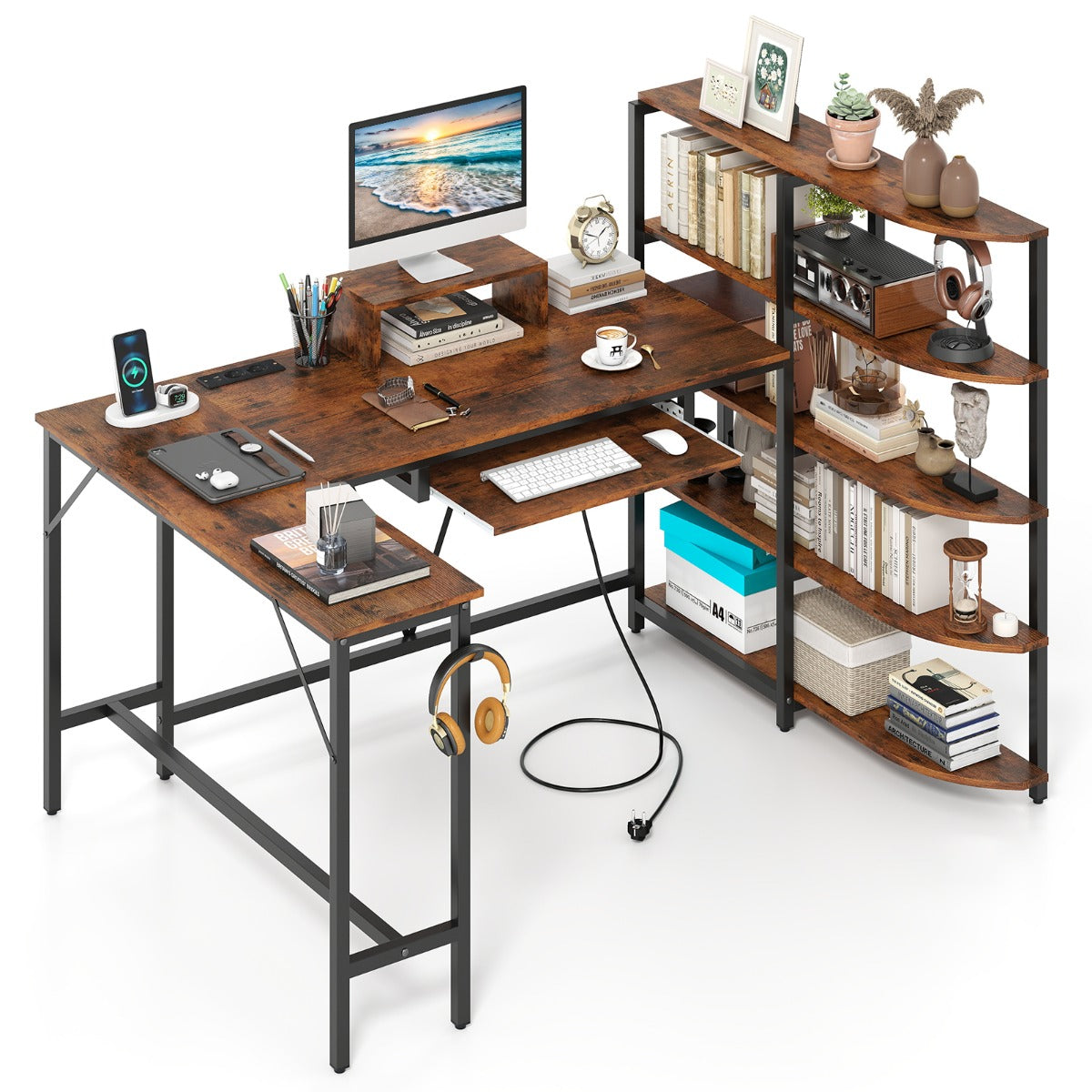 LIVSK L-vormig computertafel - Oplaadstation met USB en type-C - Ergonomisch ontwerp - Stabiele metalen constructie - Rustiek