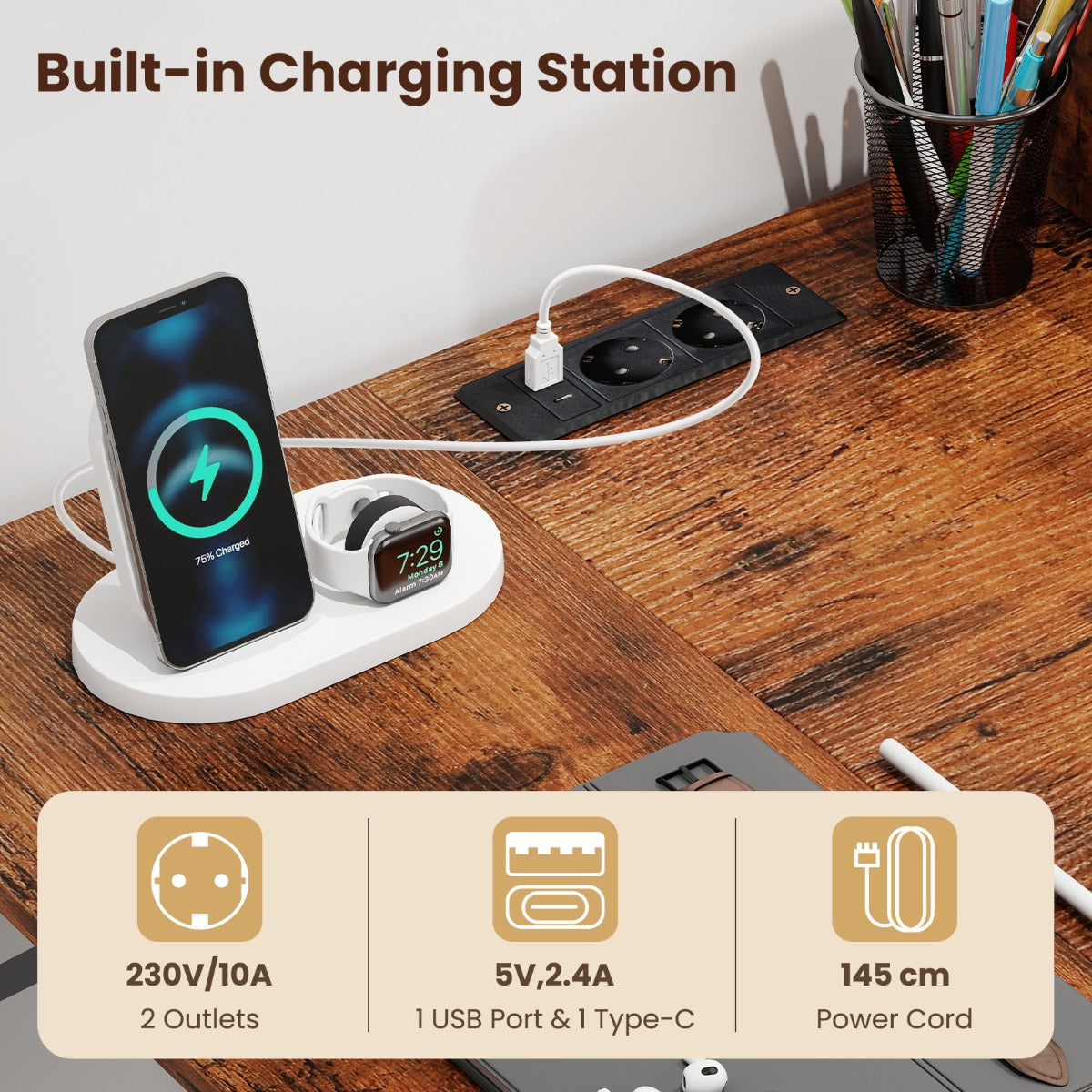 LIVSK L-vormig computertafel - Oplaadstation met USB en type-C - Ergonomisch ontwerp - Stabiele metalen constructie - Rustiek
