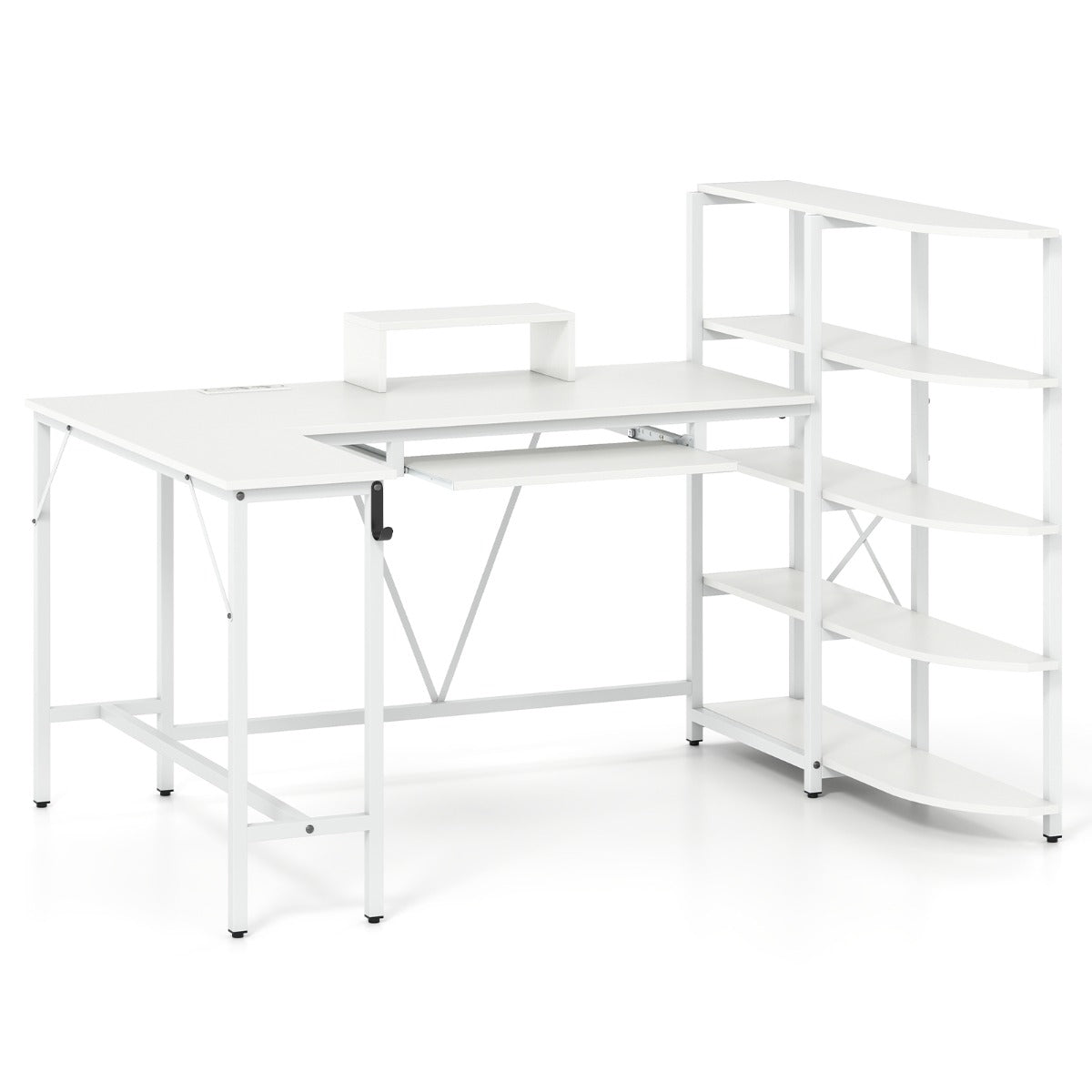 LIVSK L-vormige computertafel - Oplaadstation met 2 stopcontacten - Ergonomische monitorstandaard - 5-laags rek - Wit