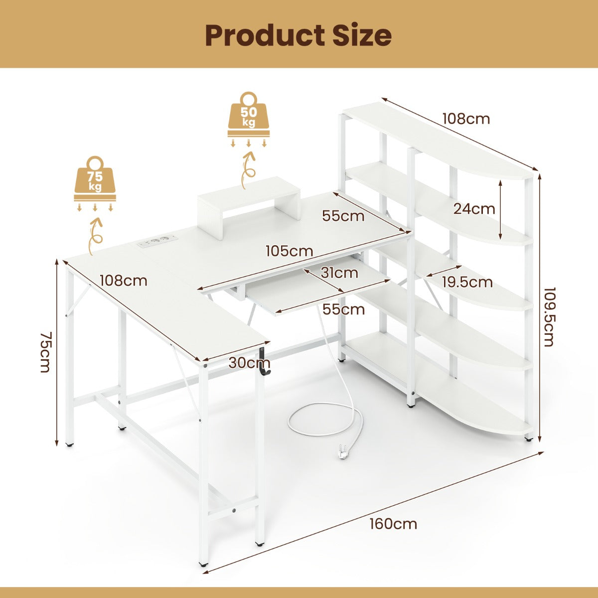 LIVSK L-vormige computertafel - Oplaadstation met 2 stopcontacten - Ergonomische monitorstandaard - 5-laags rek - Wit