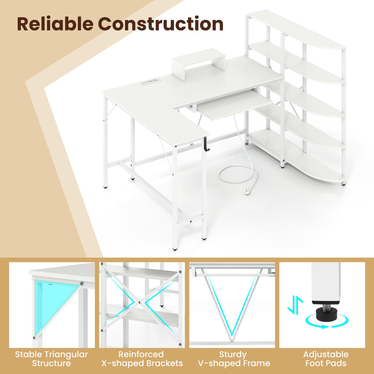 LIVSK L-vormige computertafel - Oplaadstation met 2 stopcontacten - Ergonomische monitorstandaard - 5-laags rek - Wit