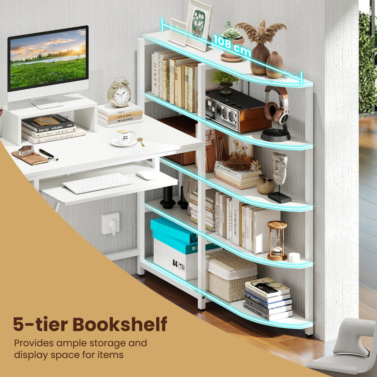 LIVSK L-vormige computertafel - Oplaadstation met 2 stopcontacten - Ergonomische monitorstandaard - 5-laags rek - Wit