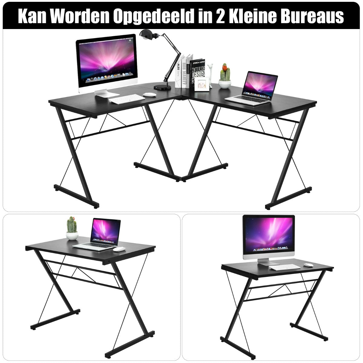 LIVSK L-vormig Bureau - Ruimtebesparend en Stevig - P2 MDF en IJzeren Buizen - Eenvoudige Montage - 150 x 150 x 76 cm - Zwart