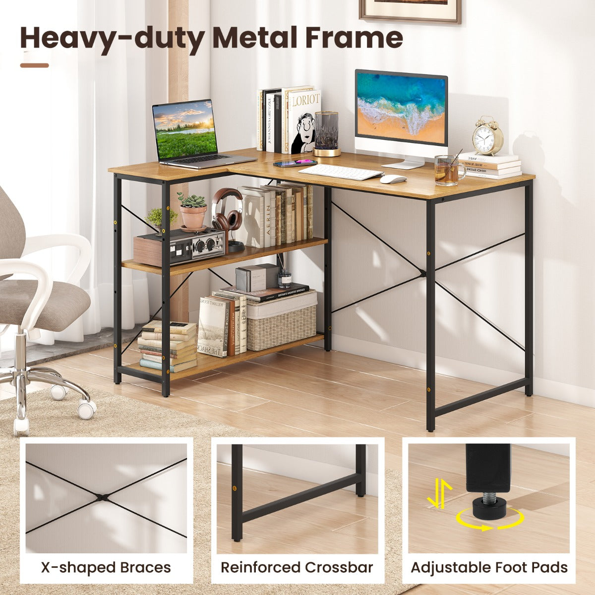 LIVSK L-vormig bureau - Verstelbare planken - Robuust metalen frame - Tot 130 kg - Ideaal voor kleine ruimtes - Natuurlijk + zwart