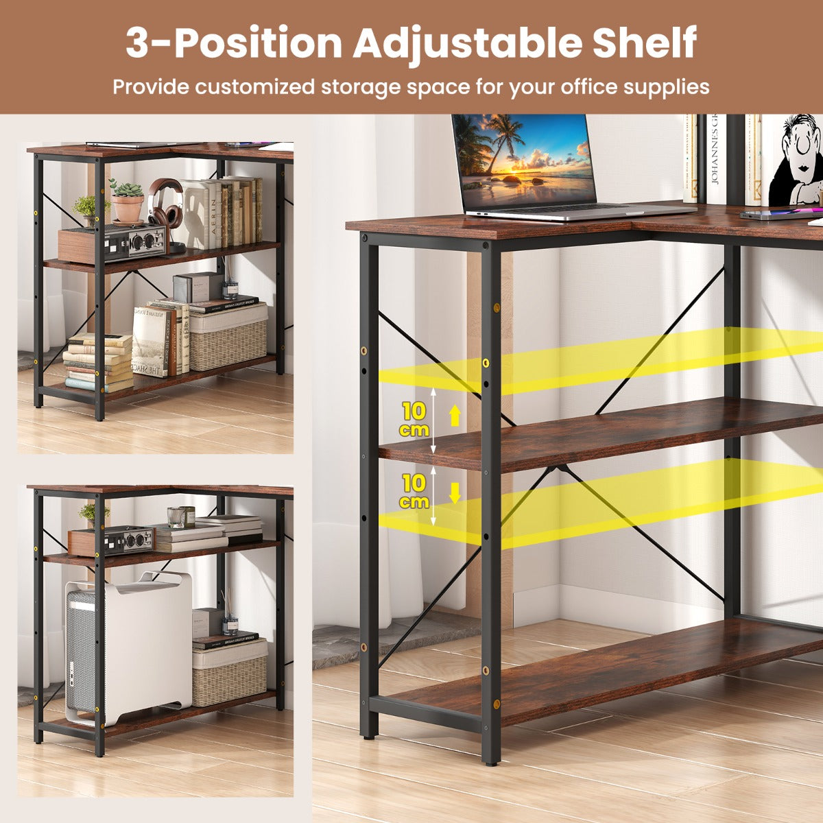 LIVSK L-vormig bureau - Verstelbare planken - Robuust metalen frame - Tot 130 kg - Ideaal voor kleine ruimtes - Rustiek bruin +