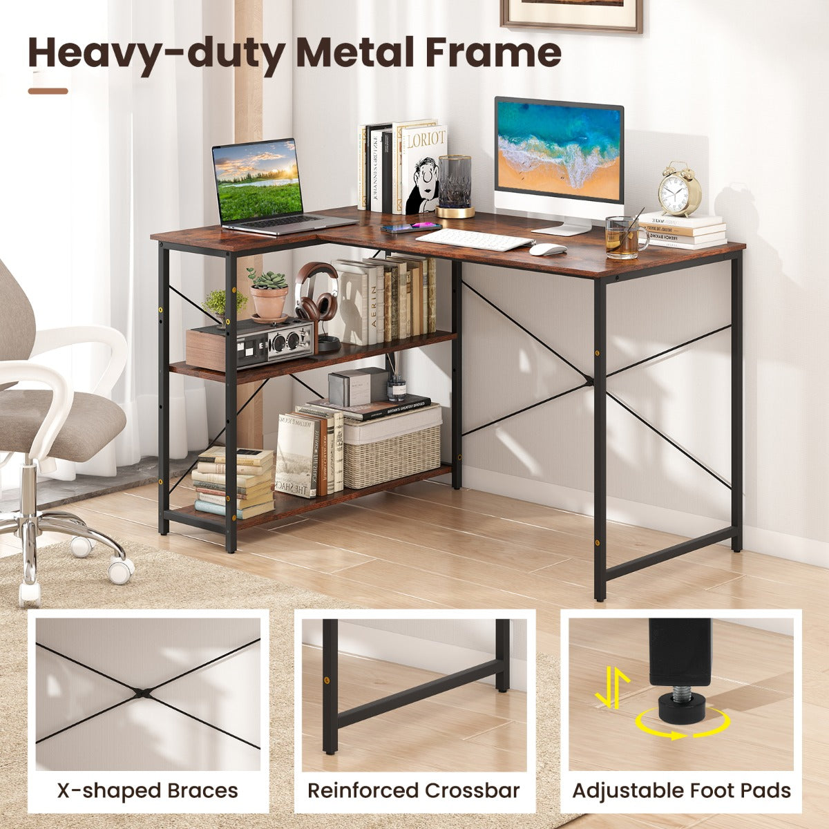 LIVSK L-vormig bureau - Verstelbare planken - Robuust metalen frame - Tot 130 kg - Ideaal voor kleine ruimtes - Rustiek bruin +