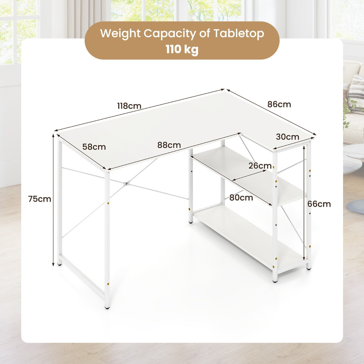 LIVSK L-vormig bureau - Verstelbare planken - Omkeerbaar ontwerp - Robuust metalen frame - Tot 130 kg - Wit