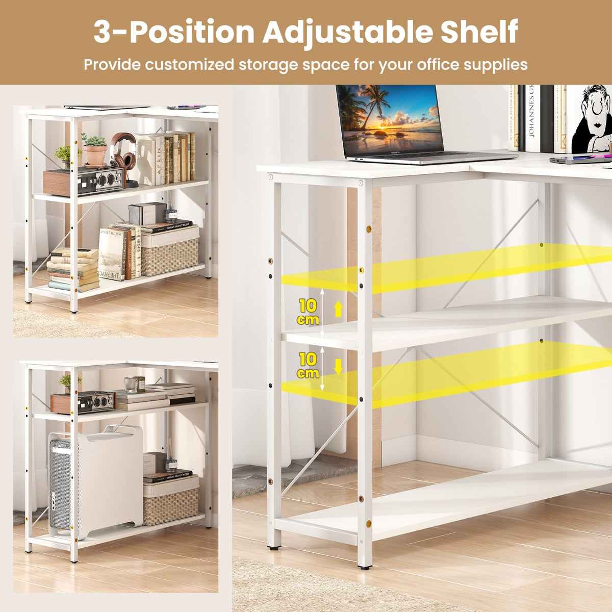 LIVSK L-vormig bureau - Verstelbare planken - Omkeerbaar ontwerp - Robuust metalen frame - Tot 130 kg - Wit