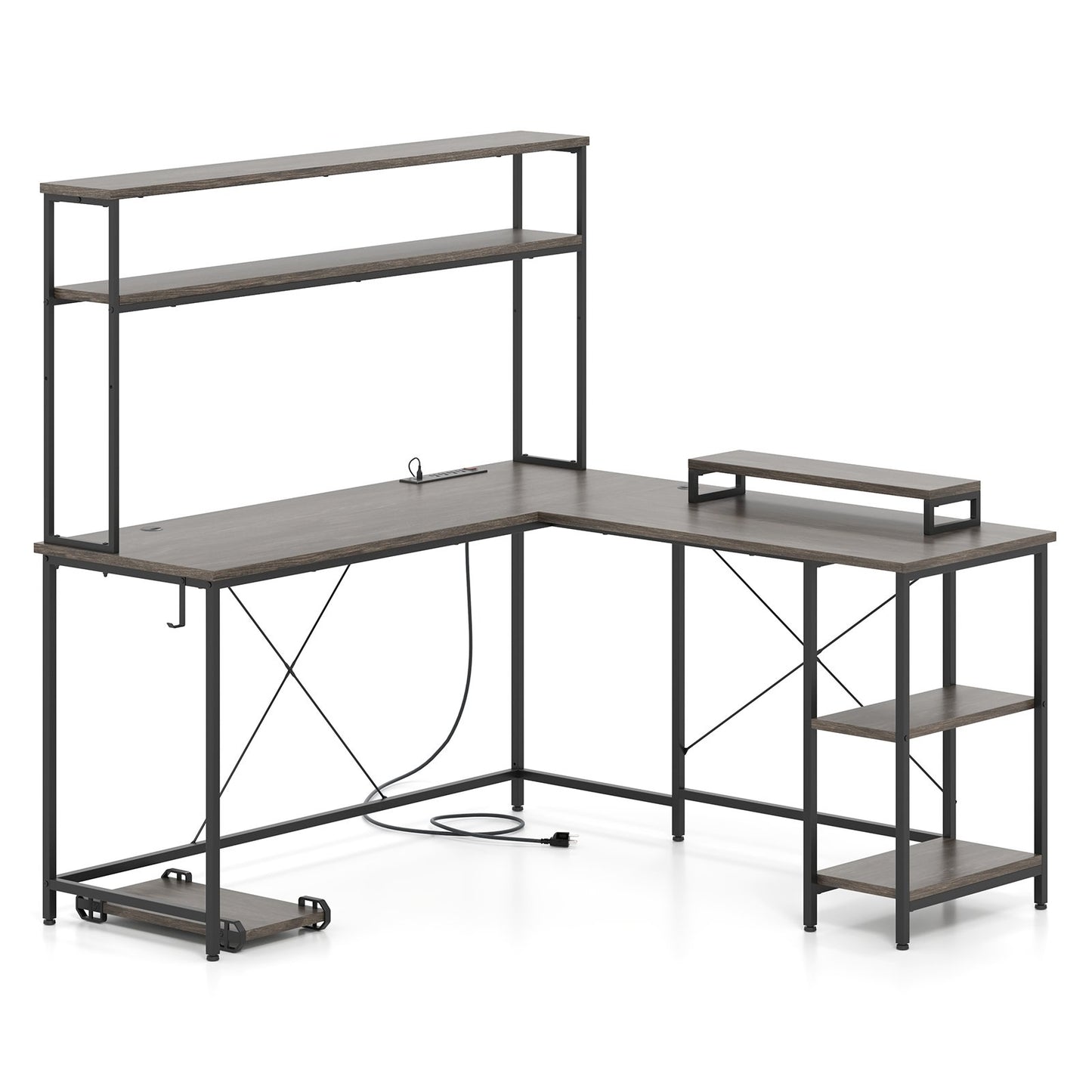 LIVSK Gaming Bureau met LED-Verlichting - Ingebouwde Oplaadstation - Ergonomisch Ontwerp - Ruime Planken - Grijs