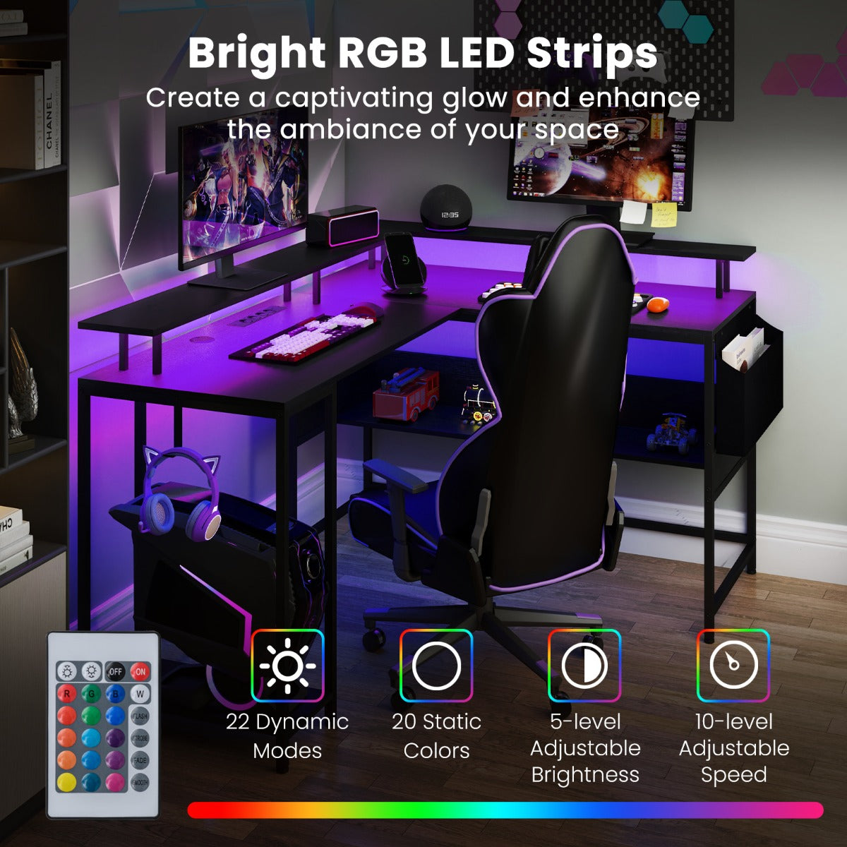 LIVSK L-vormige Gamingtafel - RGB-LED-verlichting met Afstandsbediening - Ingebouwde Stopcontacten - Zwart