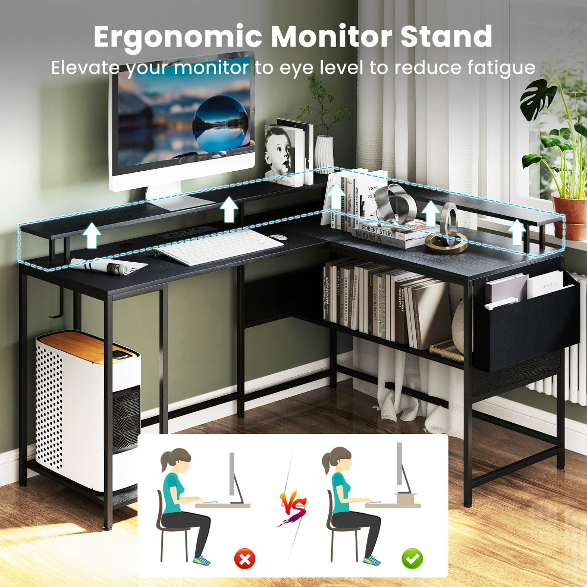 LIVSK L-vormige Gamingtafel - RGB-LED-verlichting met Afstandsbediening - Ingebouwde Stopcontacten - Zwart