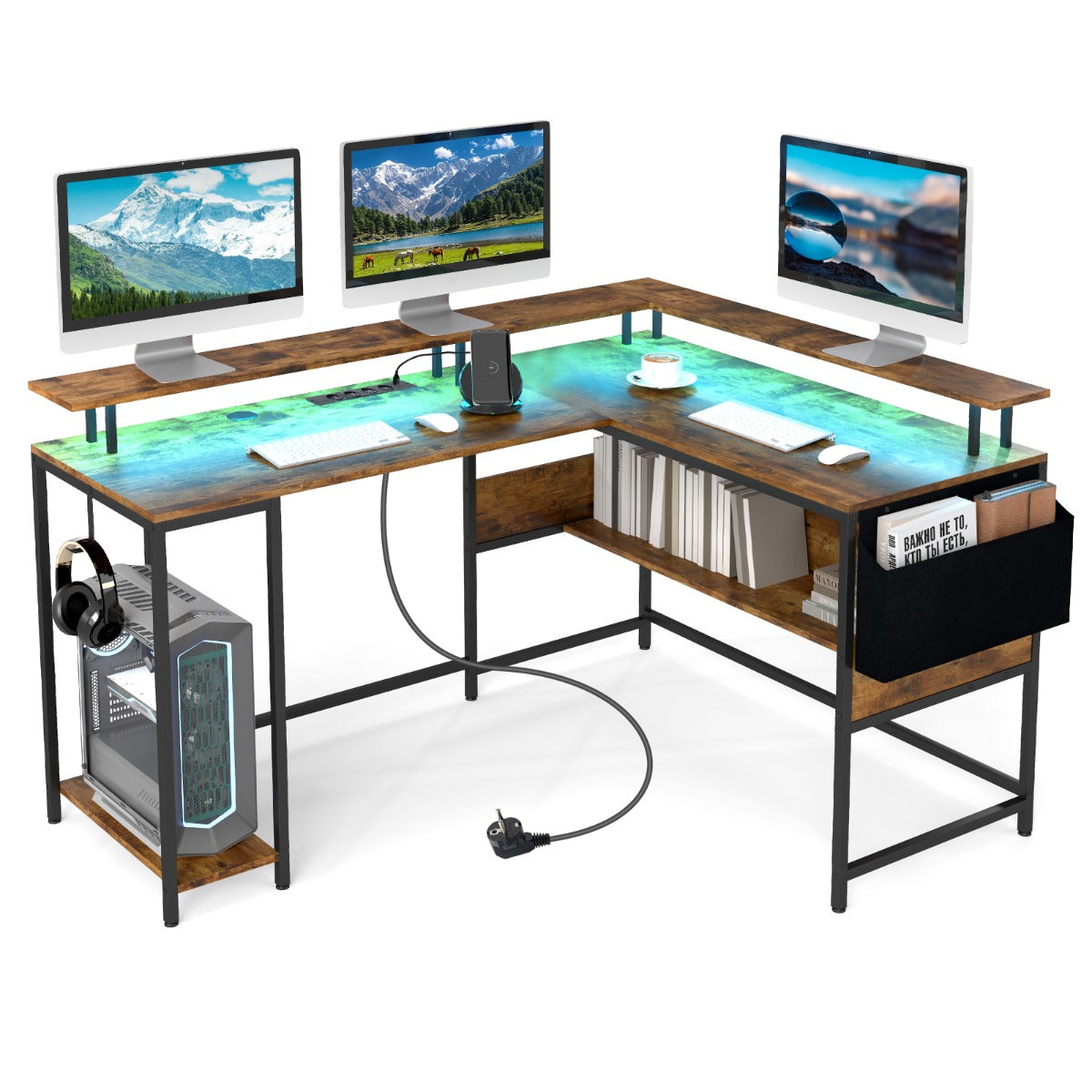 LIVSK L-vormig Gaming Bureau met RGB LED-verlichting - Ingebouwd Oplaadstation - Ergonomische Monitorstandaard - 146 x 115 x 85,5