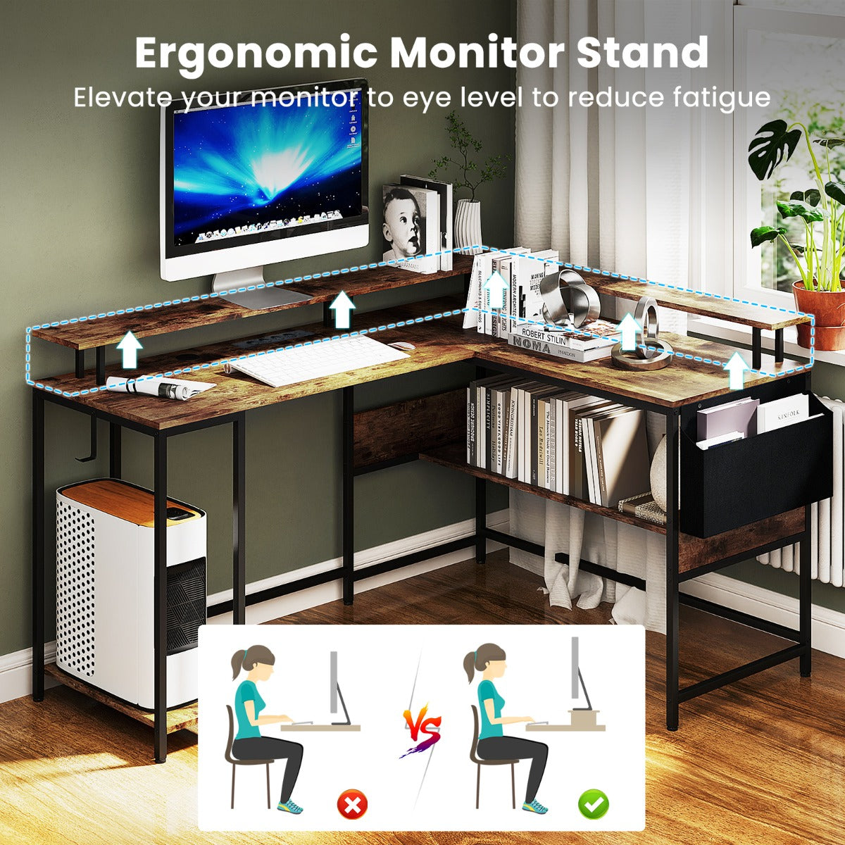 LIVSK L-vormig Gaming Bureau met RGB LED-verlichting - Ingebouwd Oplaadstation - Ergonomische Monitorstandaard - 146 x 115 x 85,5